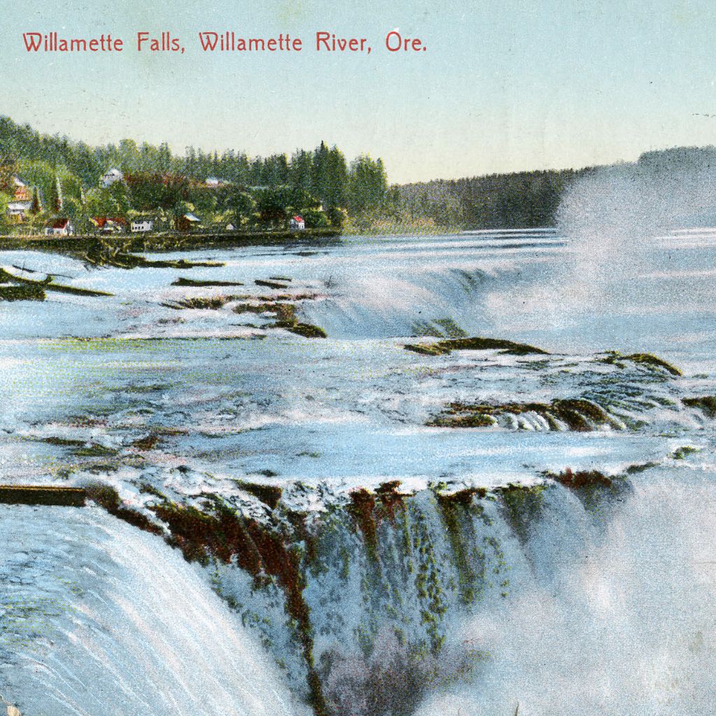 A postcard depicting Willamette Falls on the Willamette River. This postcard is part of the Charles Lovell and Winnette Sears Walker Collection. Image credit: Pacific University Archives