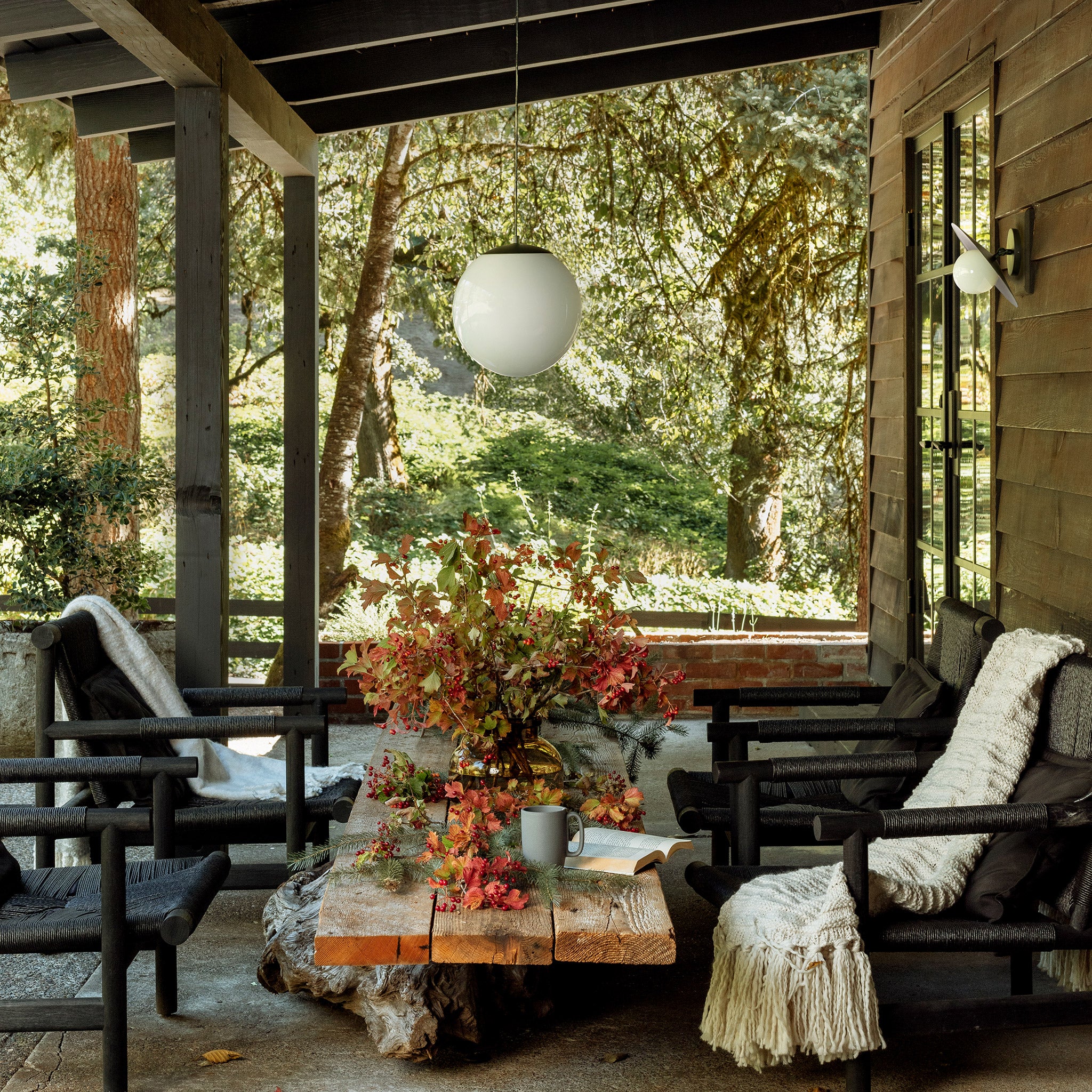 Alto Cord 12" shown in Matte Back with an Opal 12" globe and black cord. Marie Flush Sconce in Matte Black