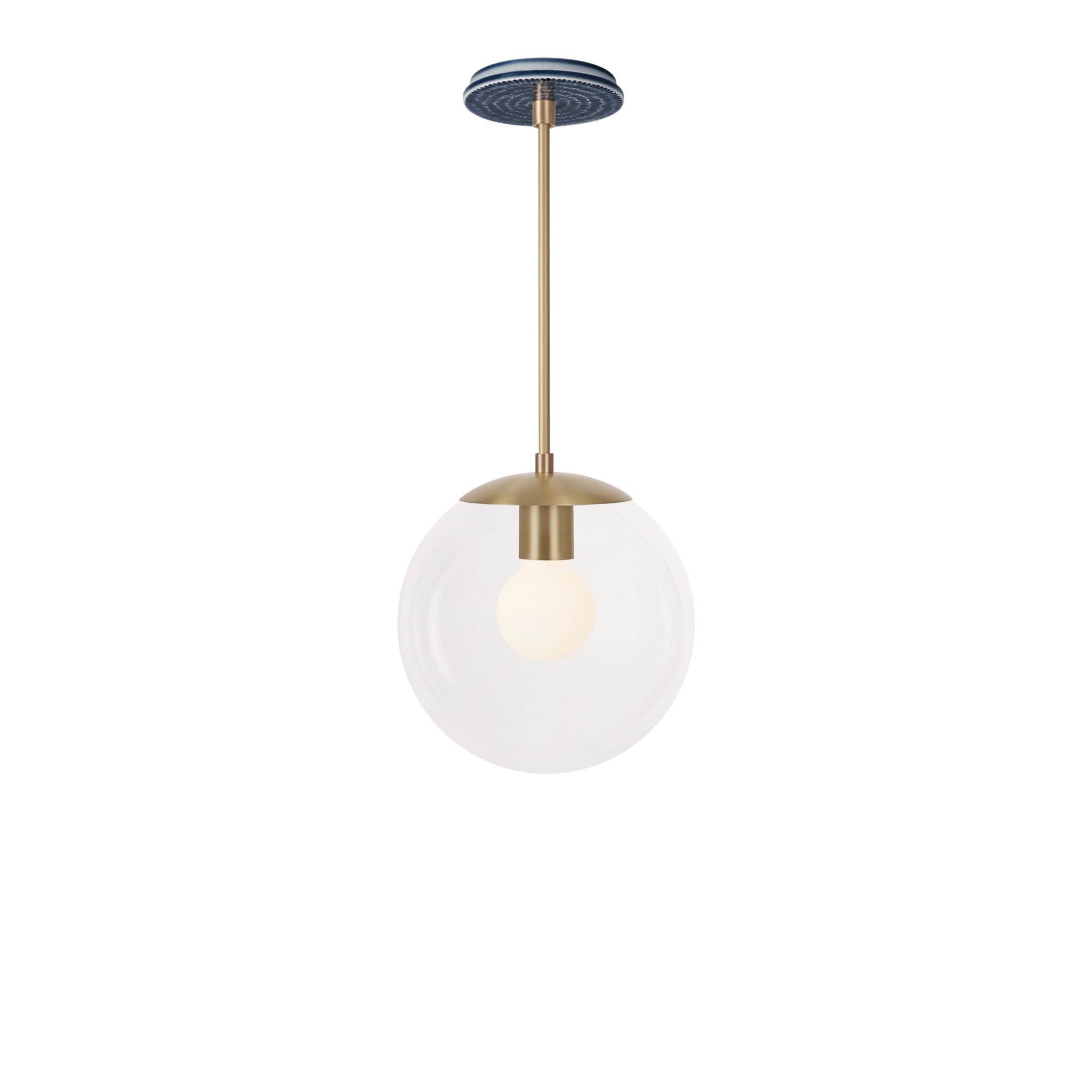 Alto Rod 10” Clear shown in Brass with an Indigo Blue Sunflower Ceramic Canopy