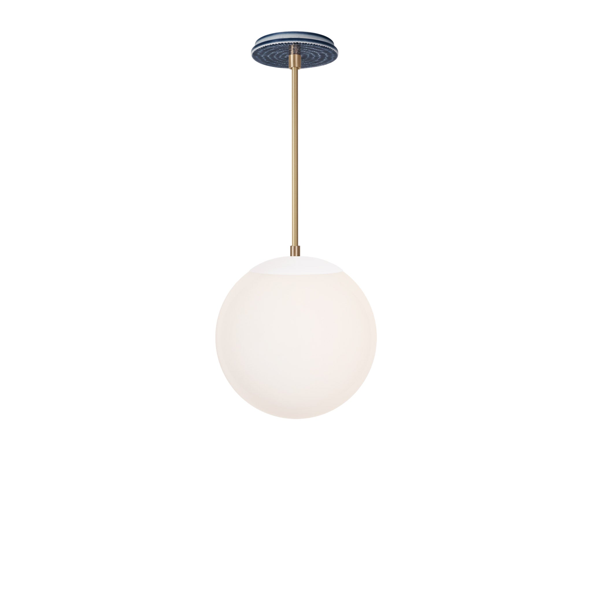 Alto Rod 10” Opal shown in White with Brass and an Indigo Blue Sunflower Ceramic Canopy