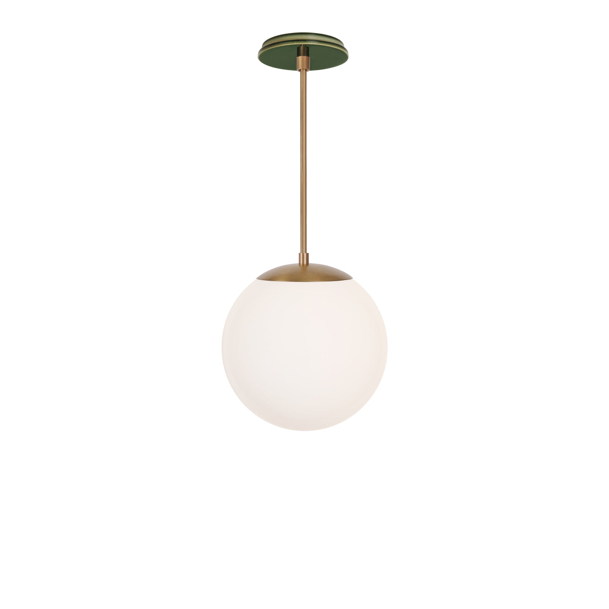 Alto Rod 10” Opal shown in Heirloom Brass with a Forest Green Swift Ceramic Canopy