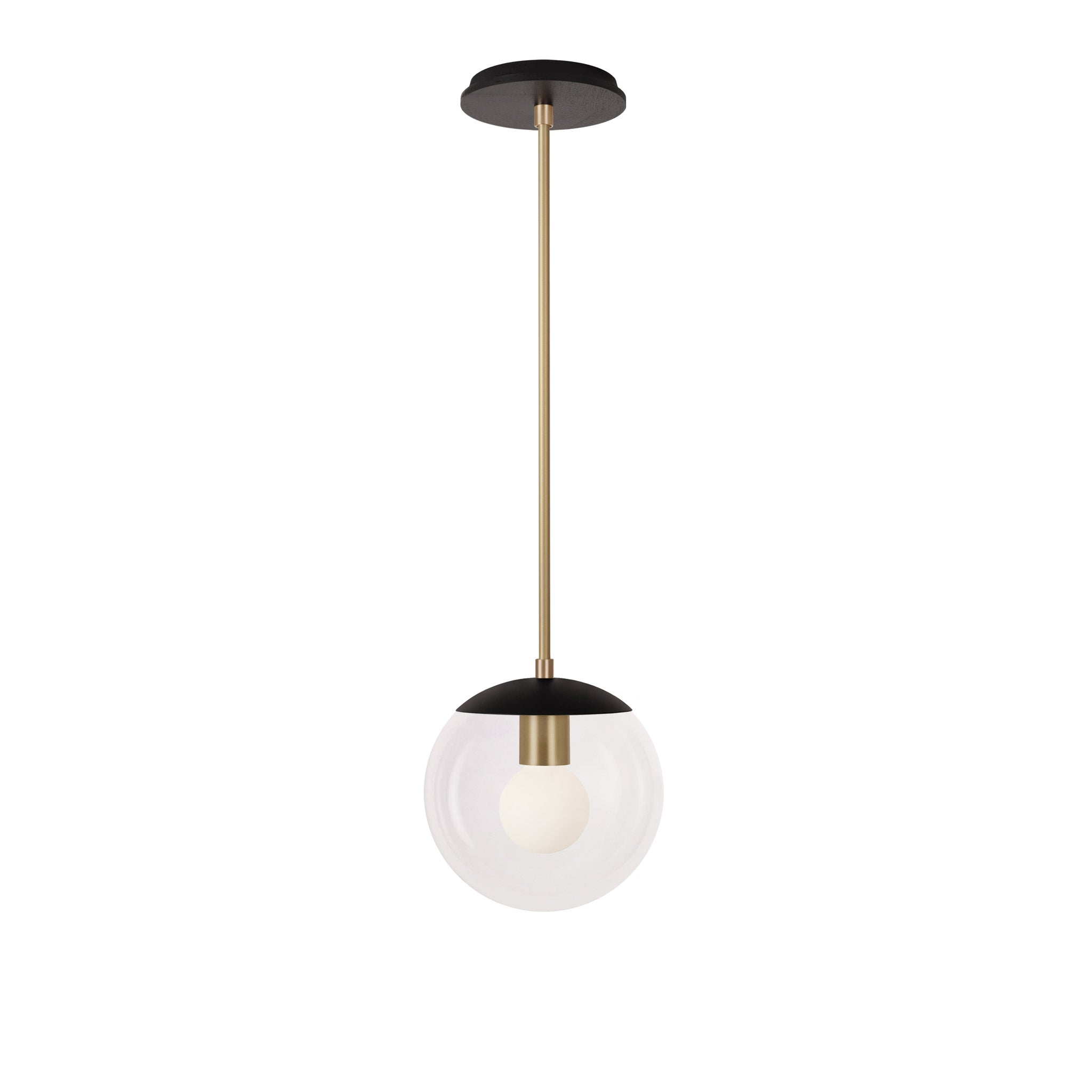 Alto Rod 8” Clear shown in Matte Black with Brass and a Black Stained Wood Canopy