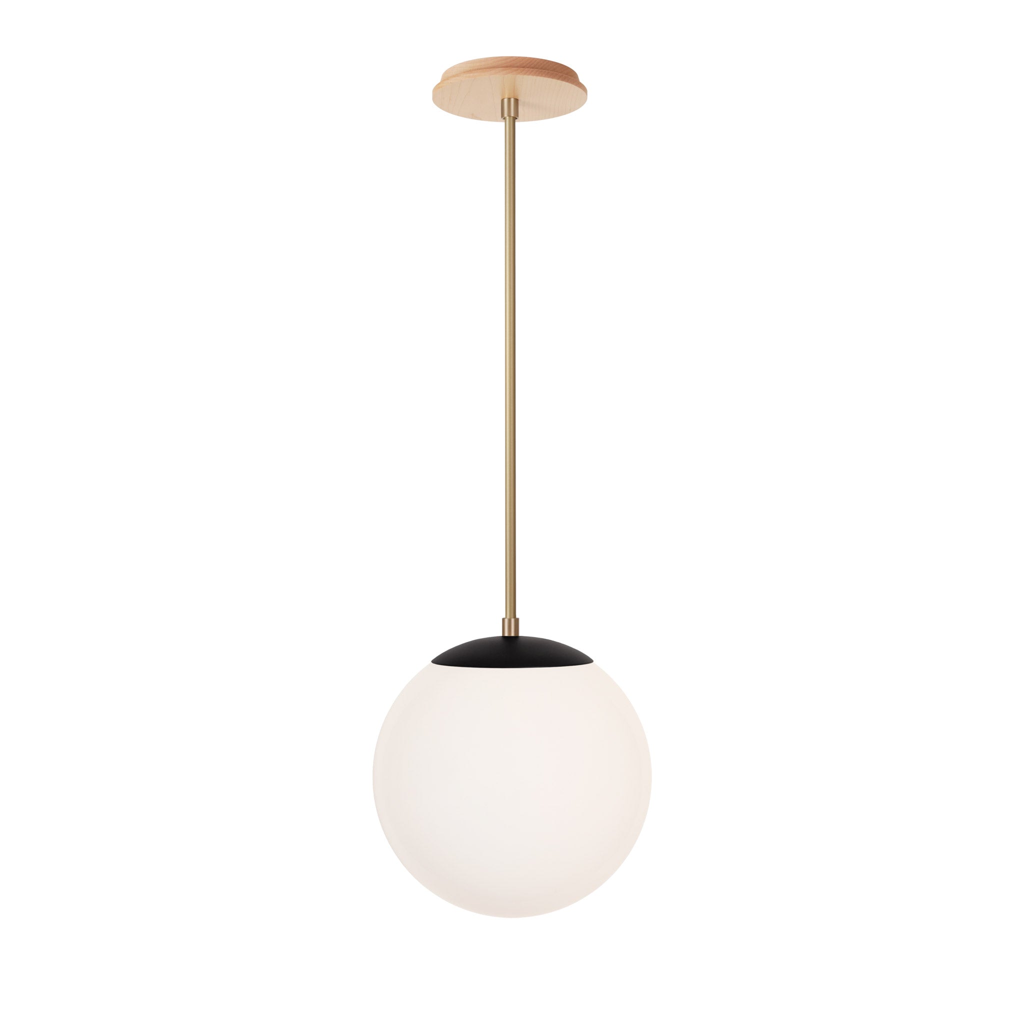 Alto Rod 10” Opal shown in Matte Black with Brass and a Maple Wood Canopy