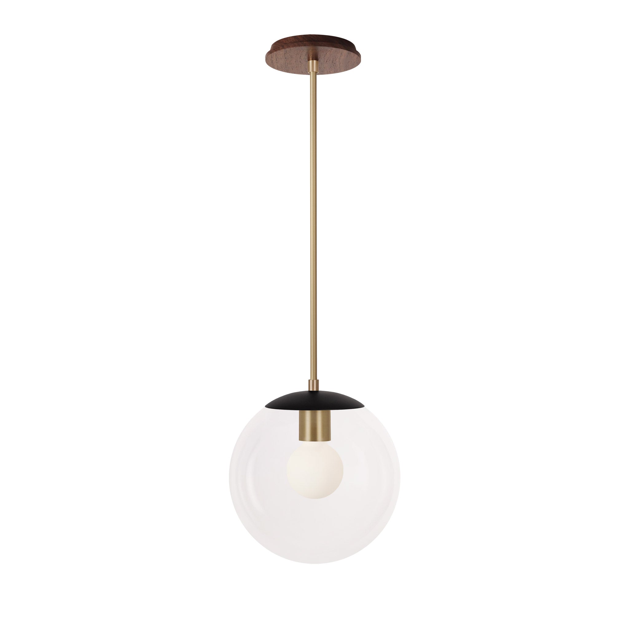 Alto Rod 10” Clear shown in Matte Black with Brass and a Walnut Wood Canopy