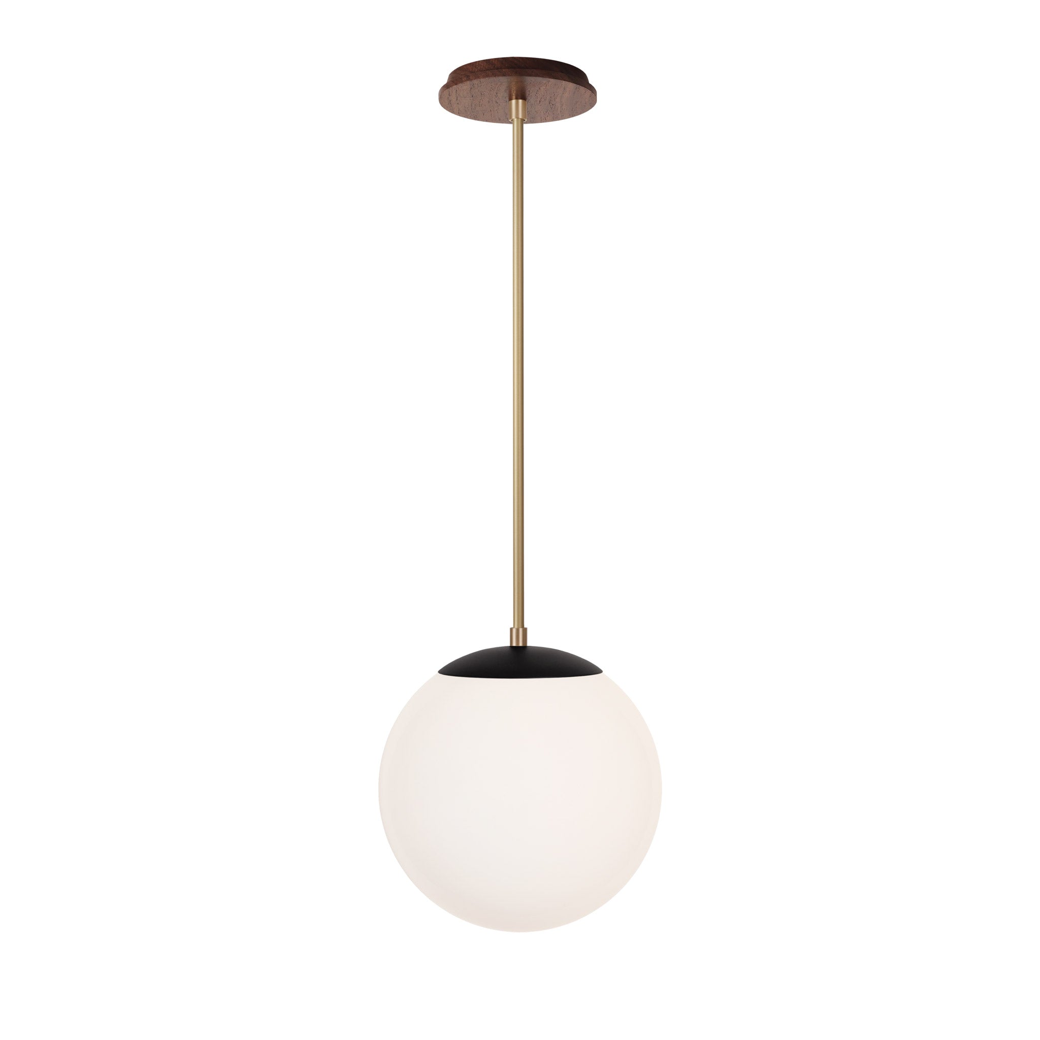 Alto Rod 10” Opal shown in Matte Black with Brass and a Walnut Wood Canopy