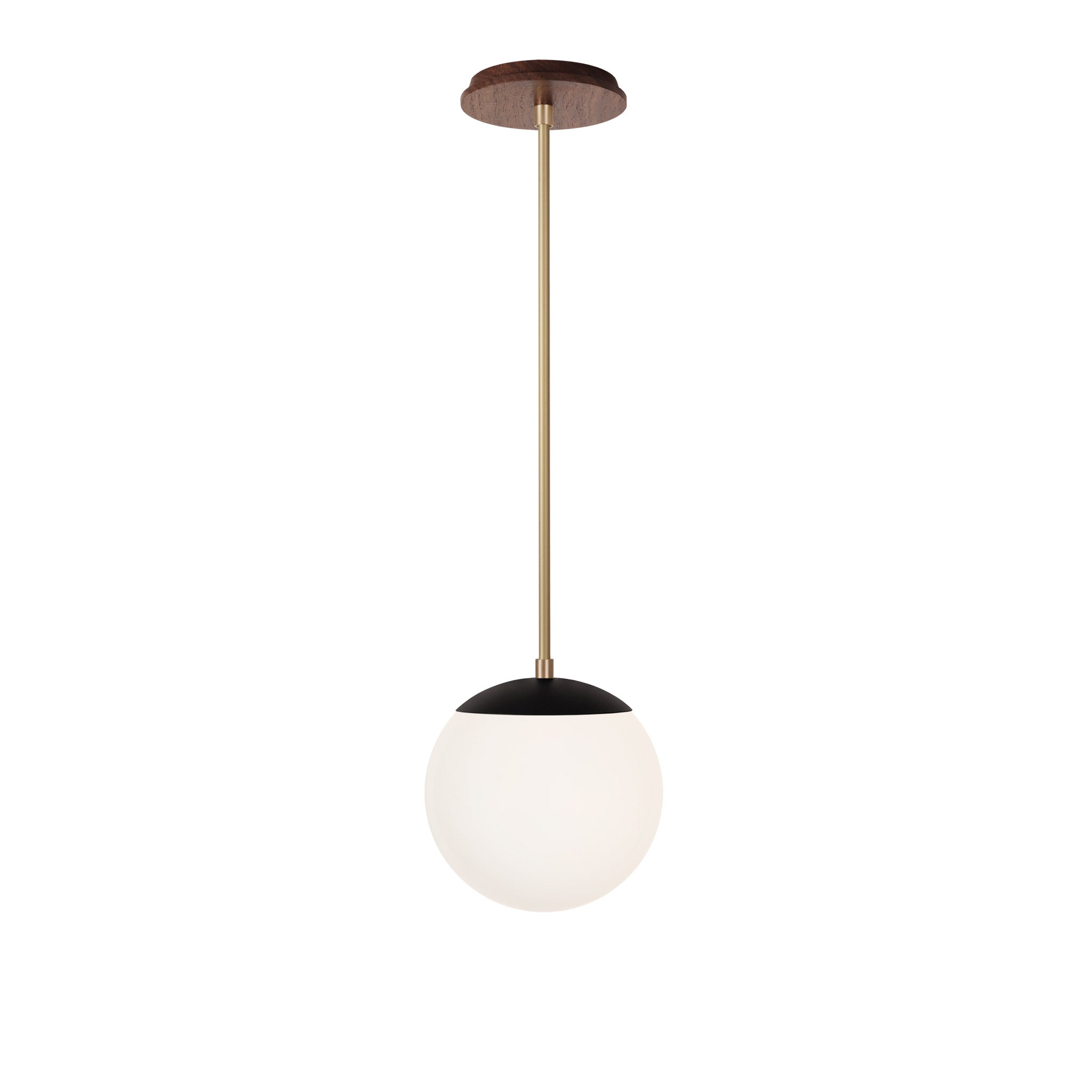 Alto Rod 8” Opal shown in Matte Black with Brass and a Walnut Wood Canopy