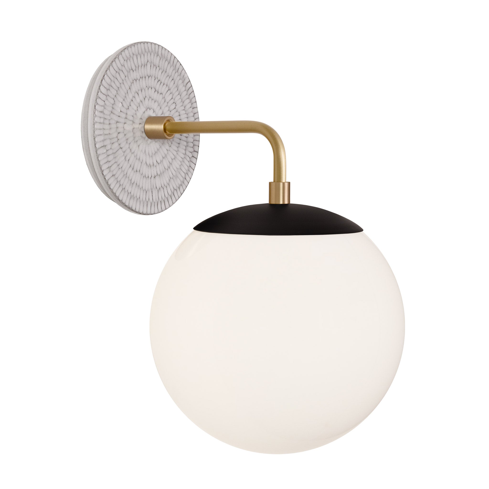 Alto Sconce 8” shown in Matte Black with Brass and a Brownstone White Sunflower Ceramic Canopy