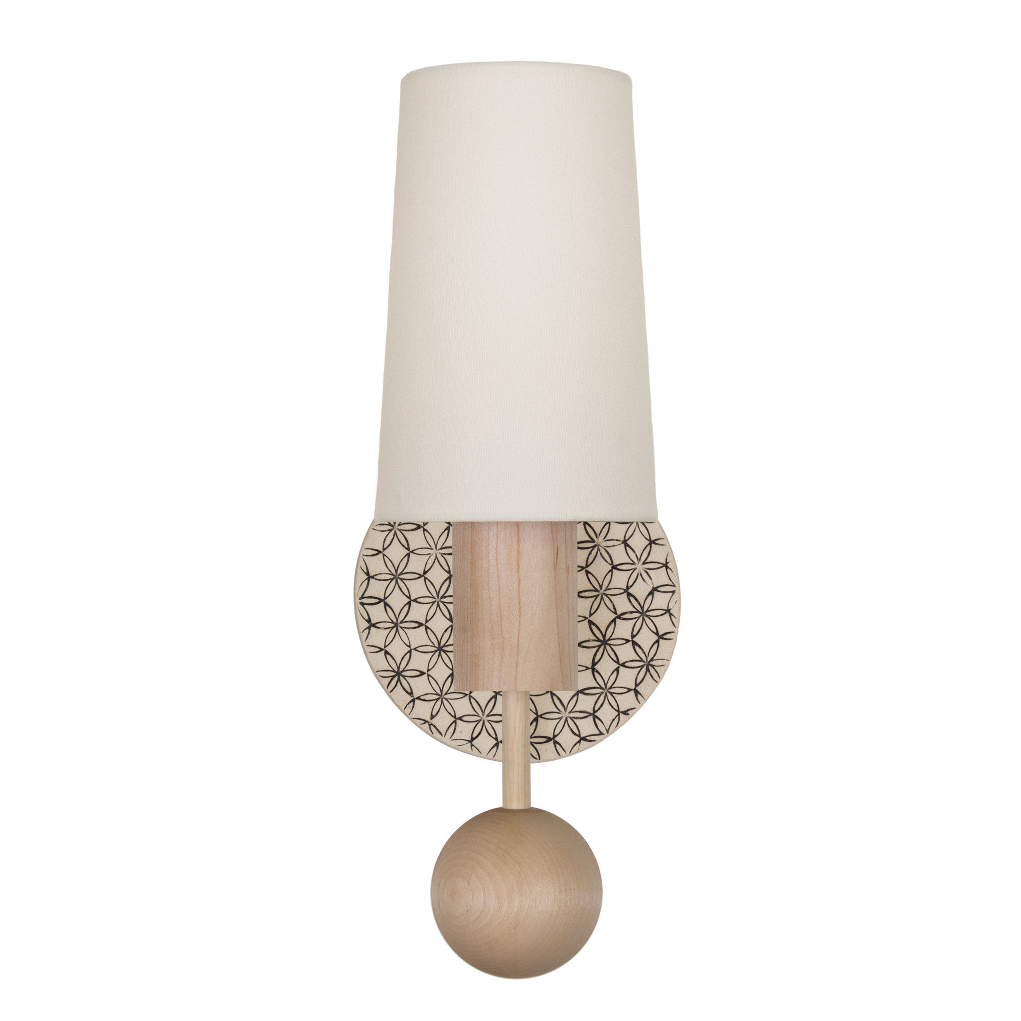 Amherst sconce shown in Maple with Black and Cream Quilted ceramic