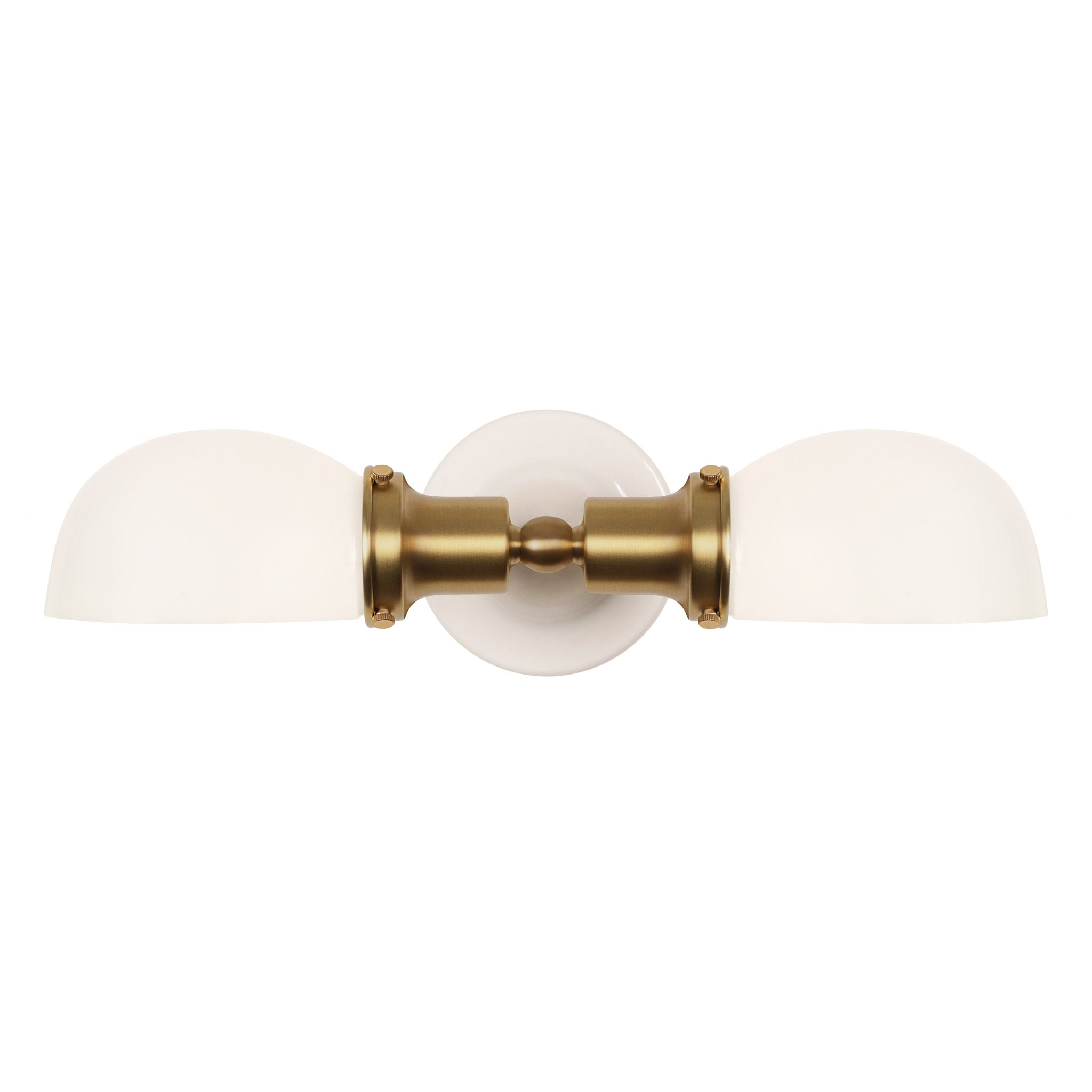 Archie Double shown in Heirloom Brass with a Gloss White Ceramic Canopy