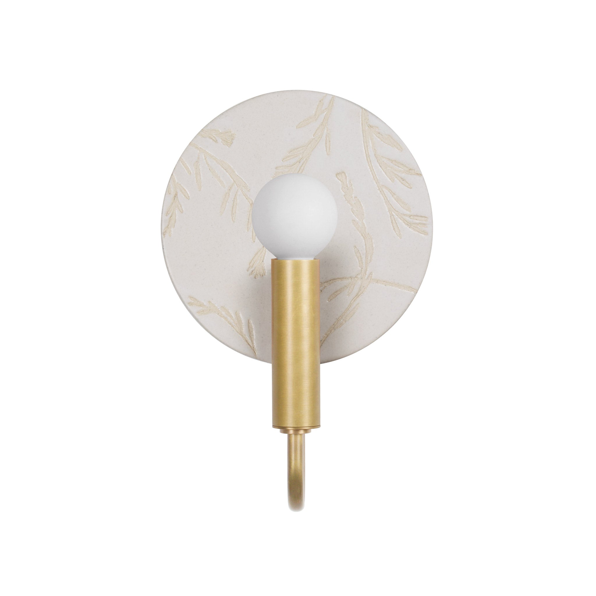 Edith ADA Sconce shown in Brass with a Natural White Tanglewood Ceramic Canopy