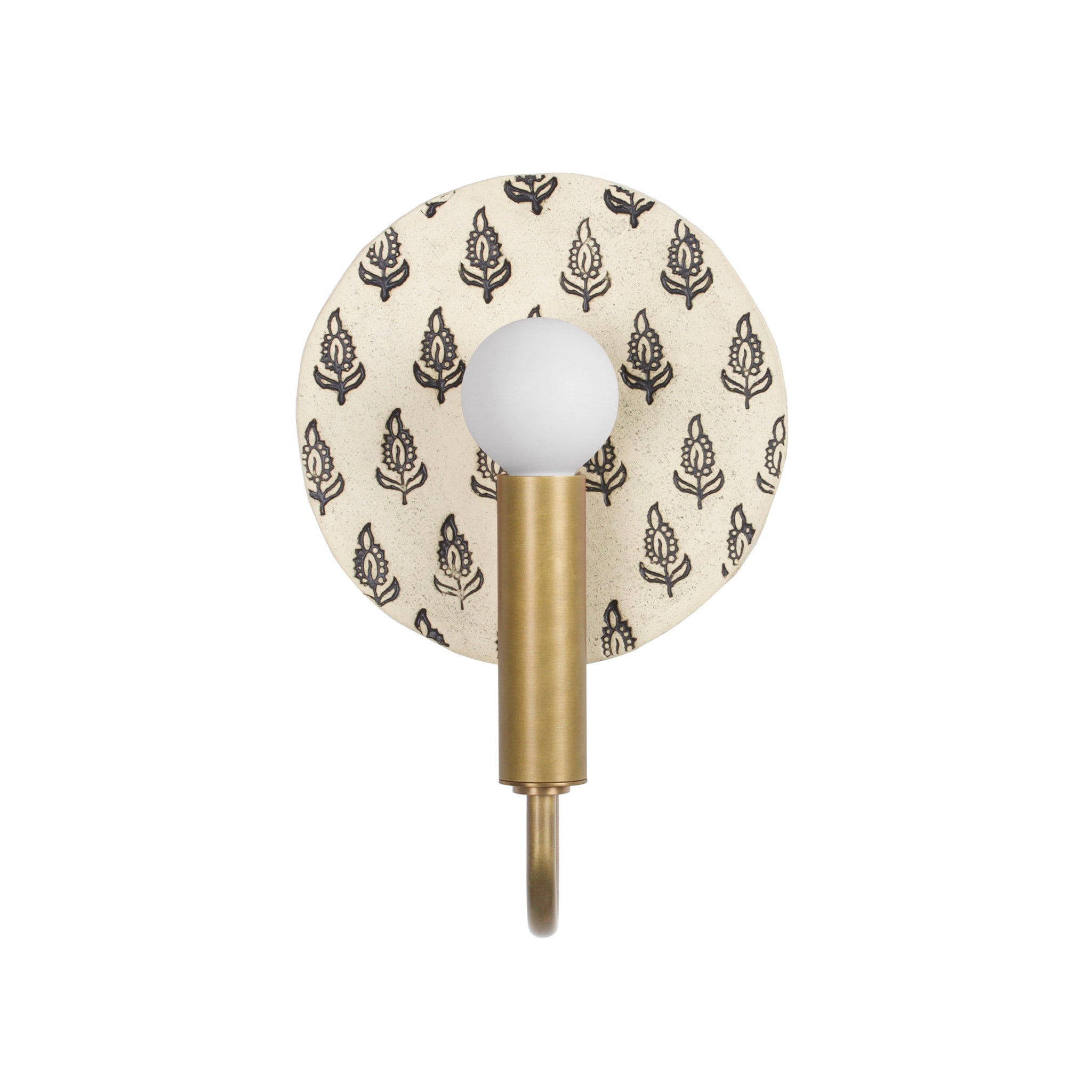 Edith ADA Sconce shown in Heirloom Brass with a Black and Cream Floral Ceramic Canopy