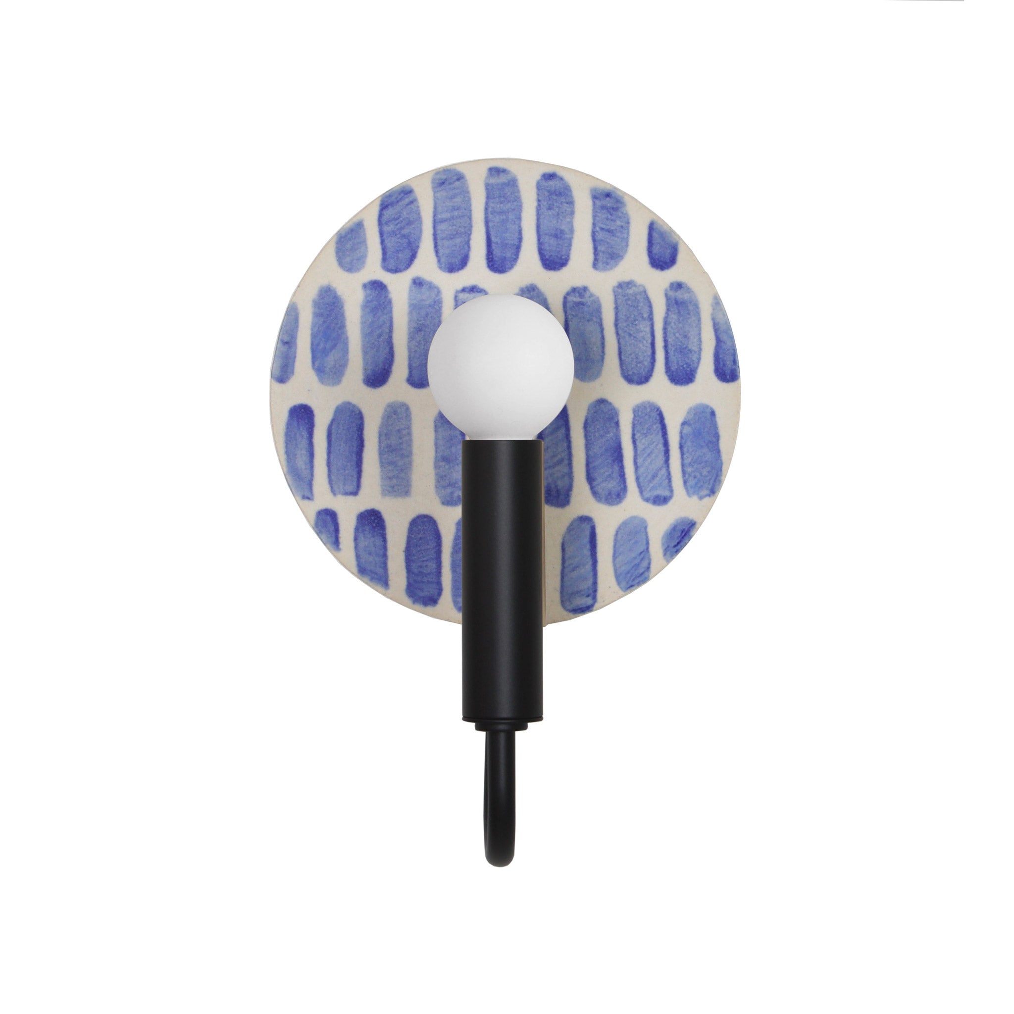 Edith ADA Sconce shown in Matte Black with a Blue Dot Stripe Ceramic Canopy