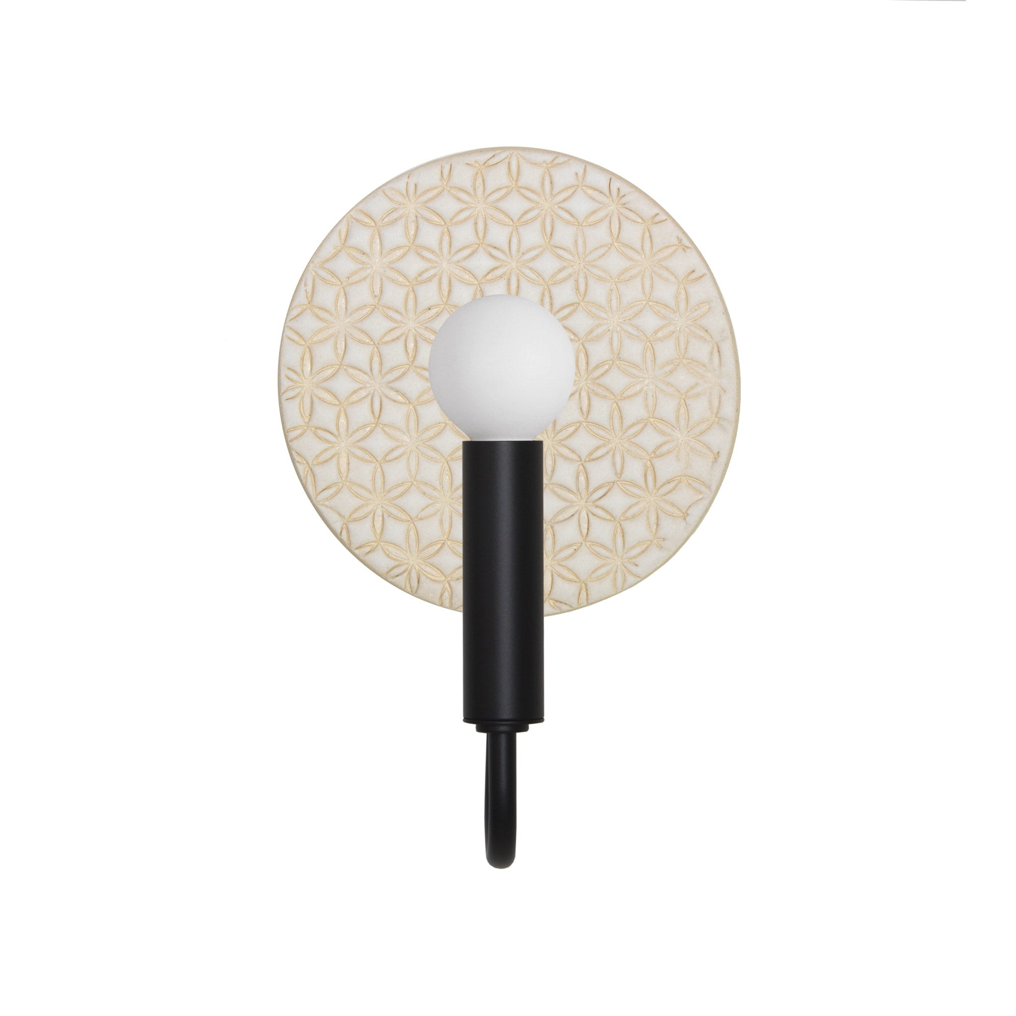 Edith ADA Sconce shown in Matte Black with a Natural White and Cream Quilted Ceramic Canopy