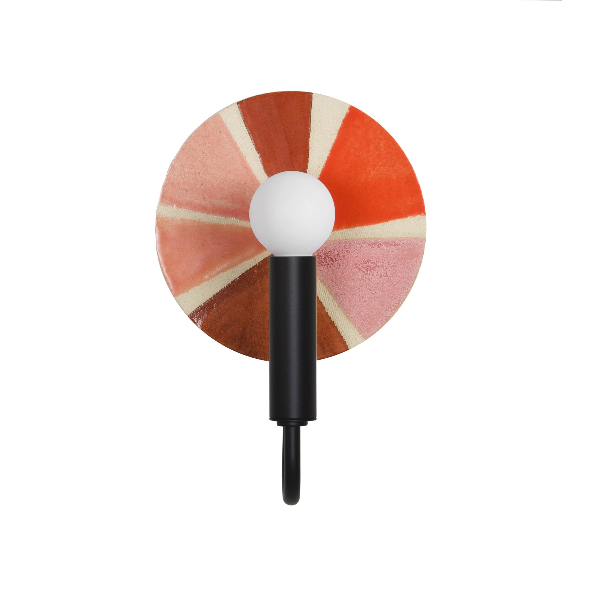 Edith ADA Sconce shown in Matte Black with a Pink and Cream Sun Ray Ceramic Canopy