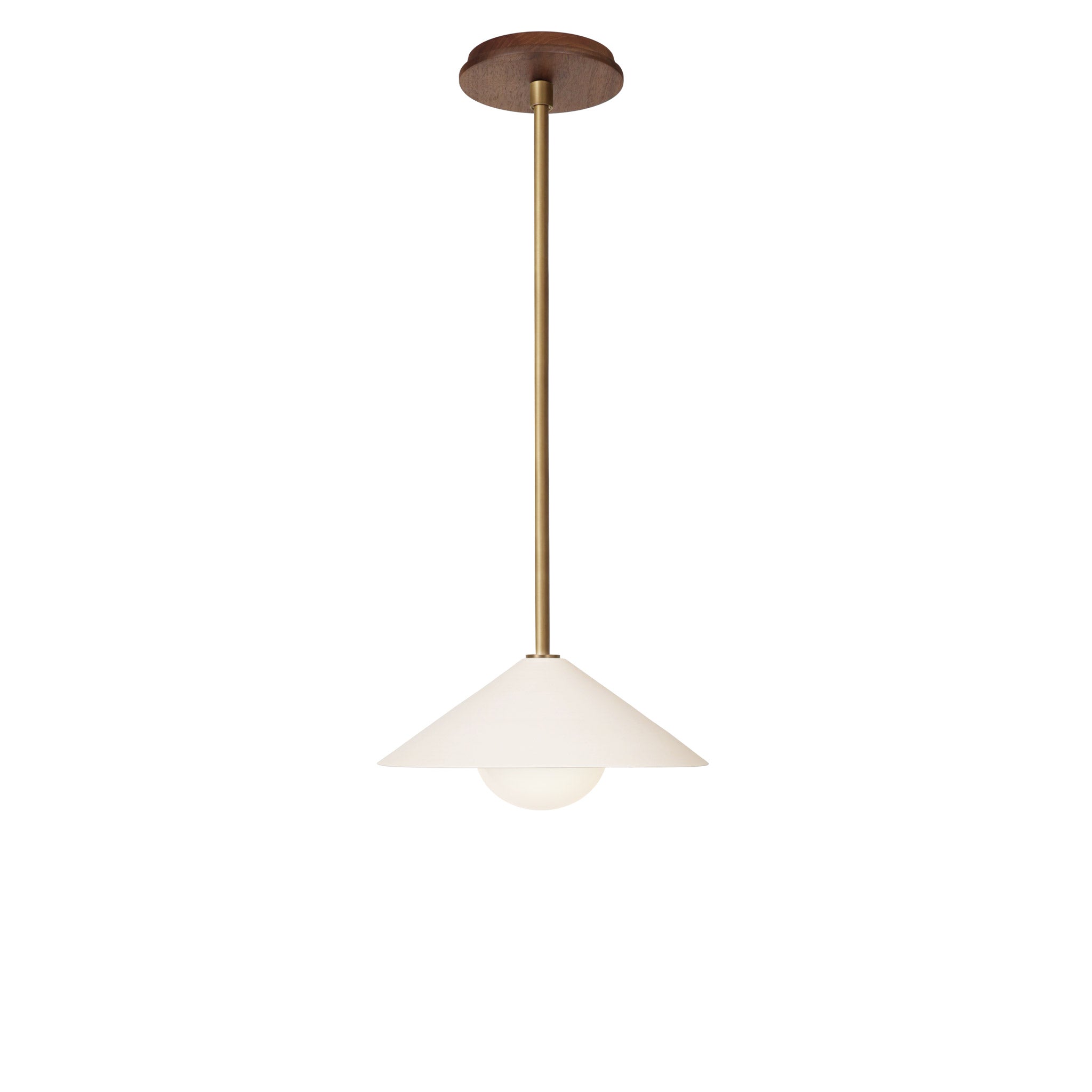 Elvia Pendant shown in Heirloom Brass with a Walnut Wood canopy