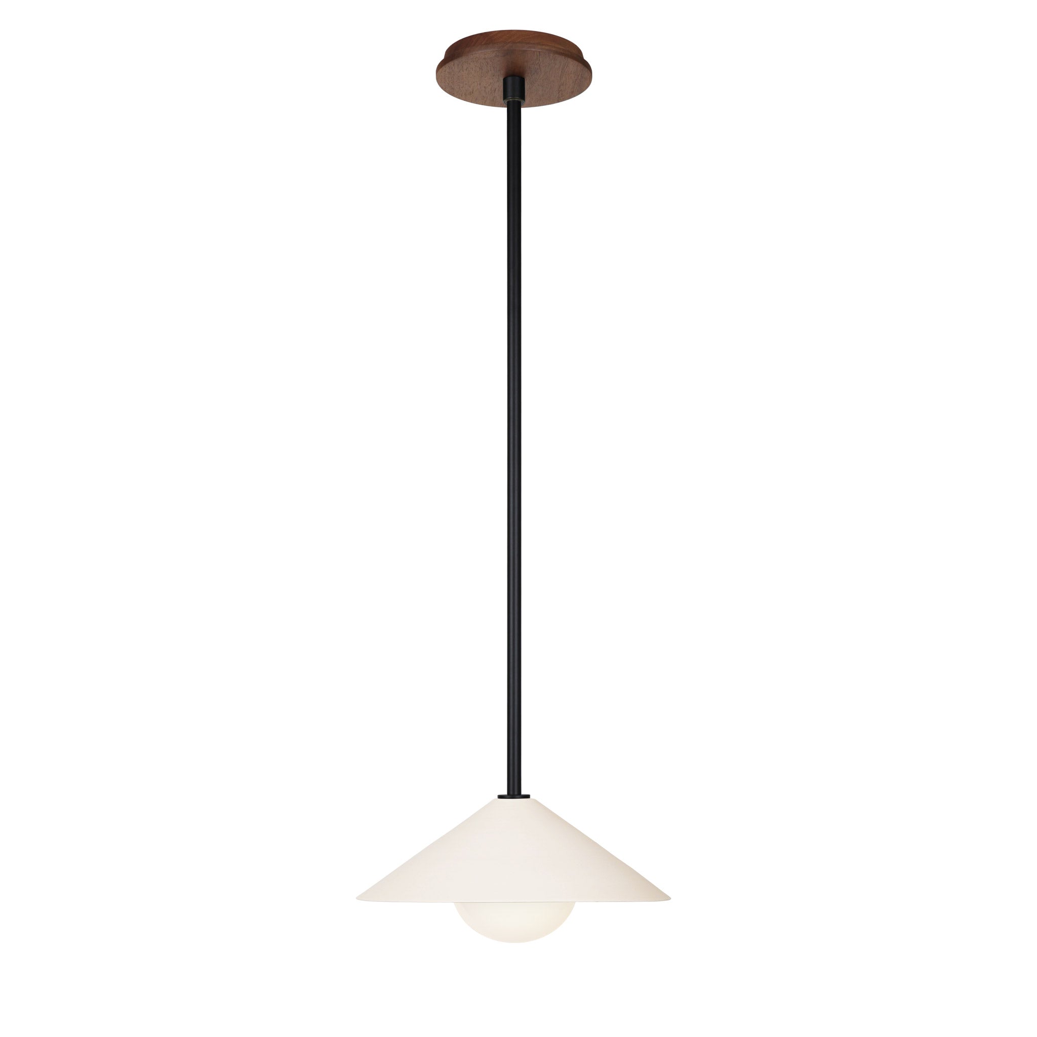 Elvia Pendant shown in Matte Black and a Walnut Wood canopy