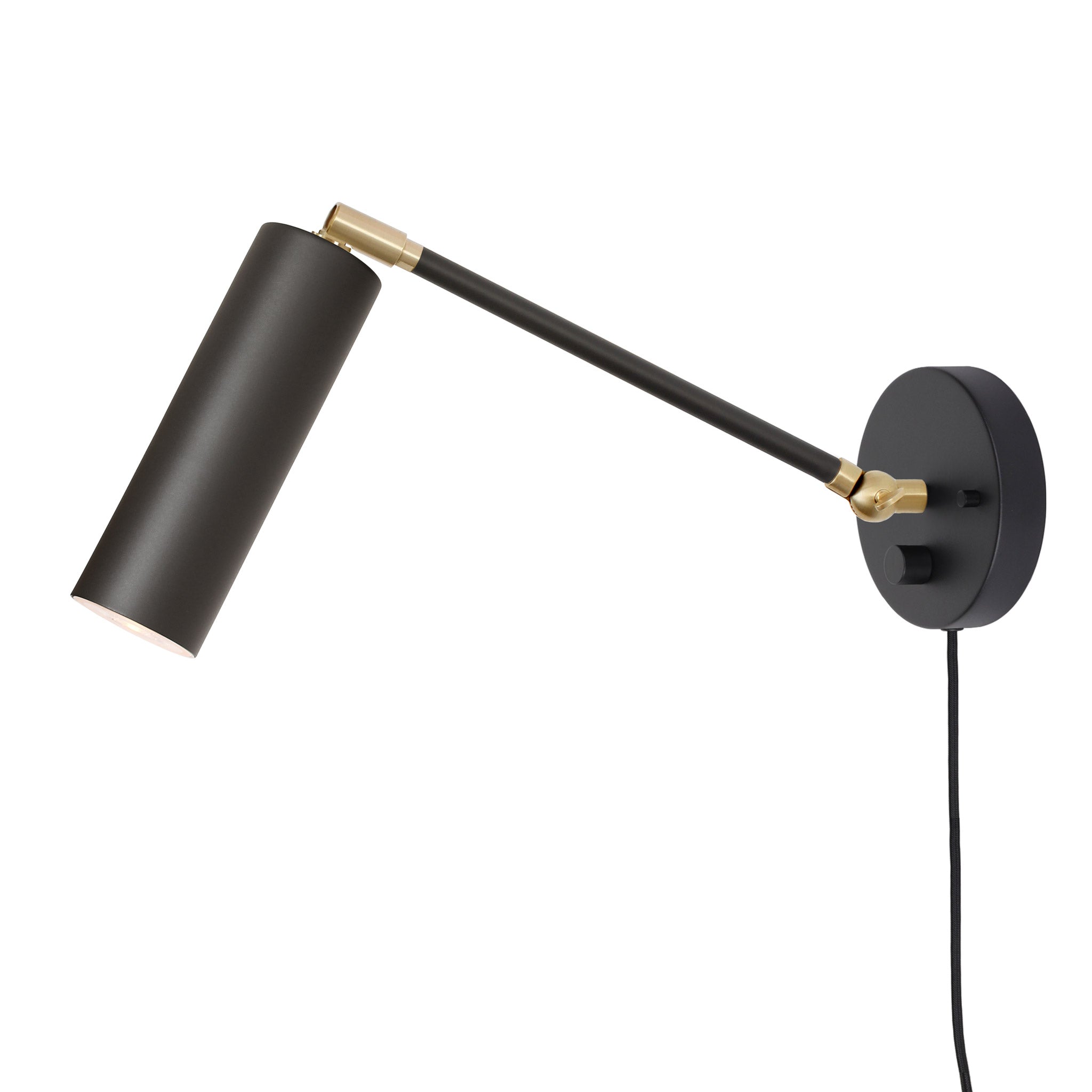 Fjord Spot Single Articulated shown in Matte Black and Brass with a Backplate Dimmer Switch and Black Cord