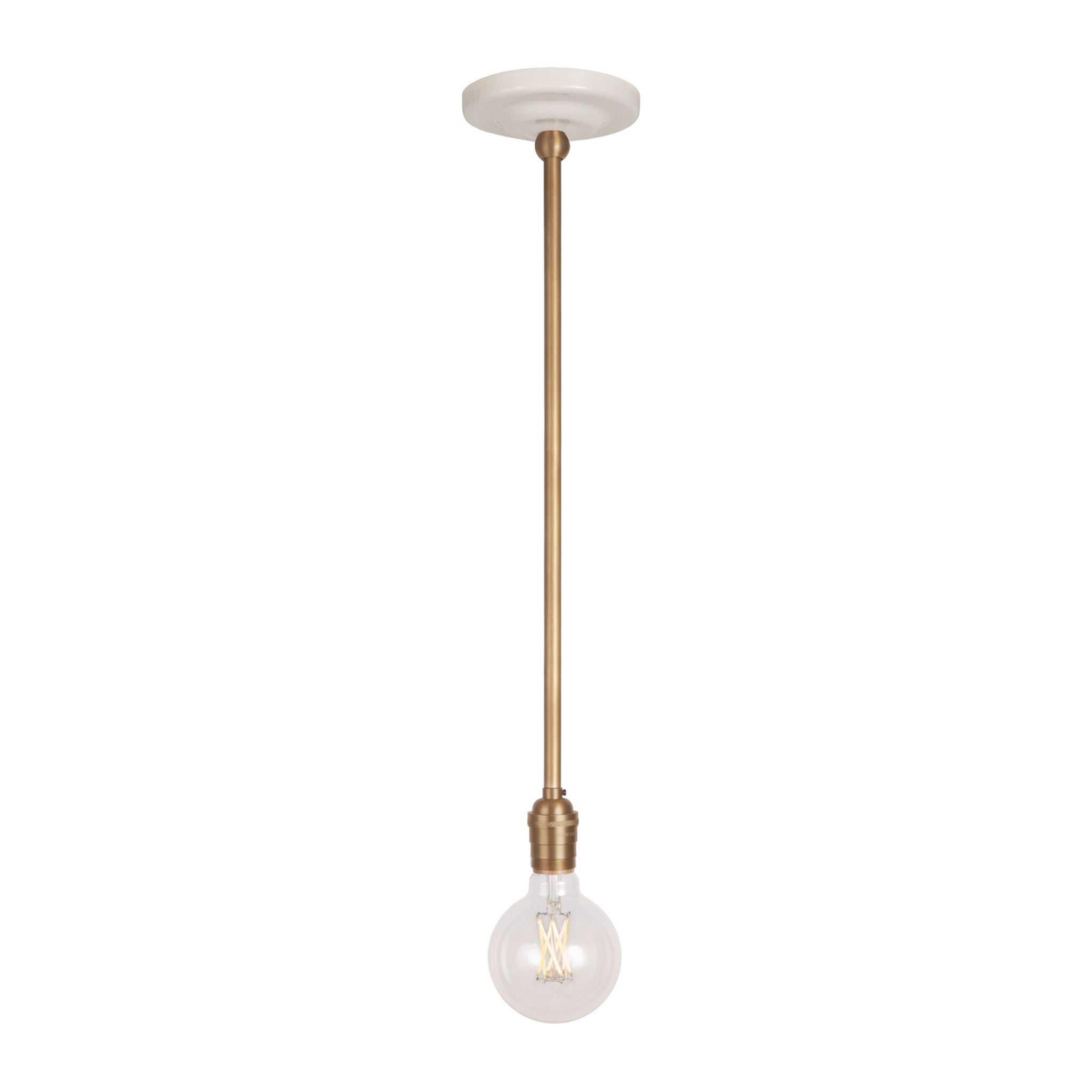 Grace Rod Pendant shown in Heirloom Brass with a Gloss White Ceramic canopy