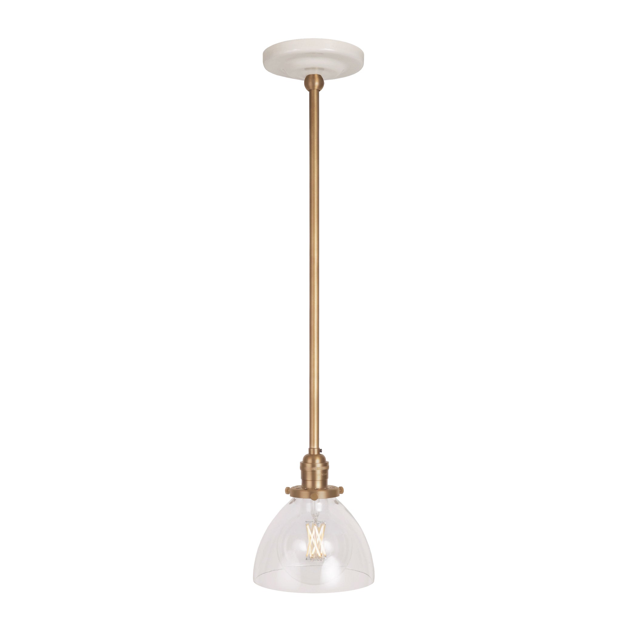 Grace Rod Pendant shown in Heirloom Brass with a Gloss White Ceramic canopy