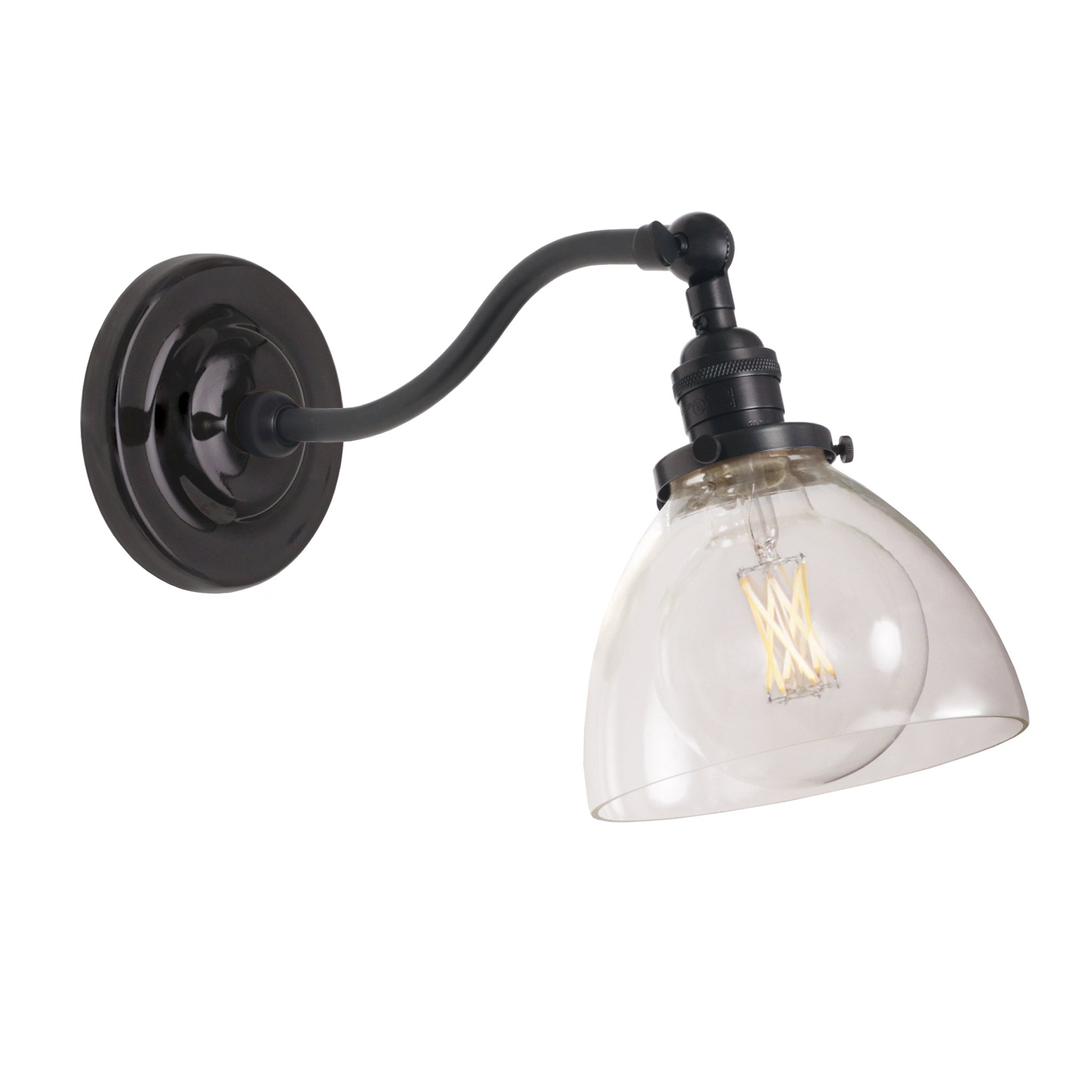 Grace Sconce shown in Graphite Patina with a Gloss Black Ceramic canopy and Clear Glass shade