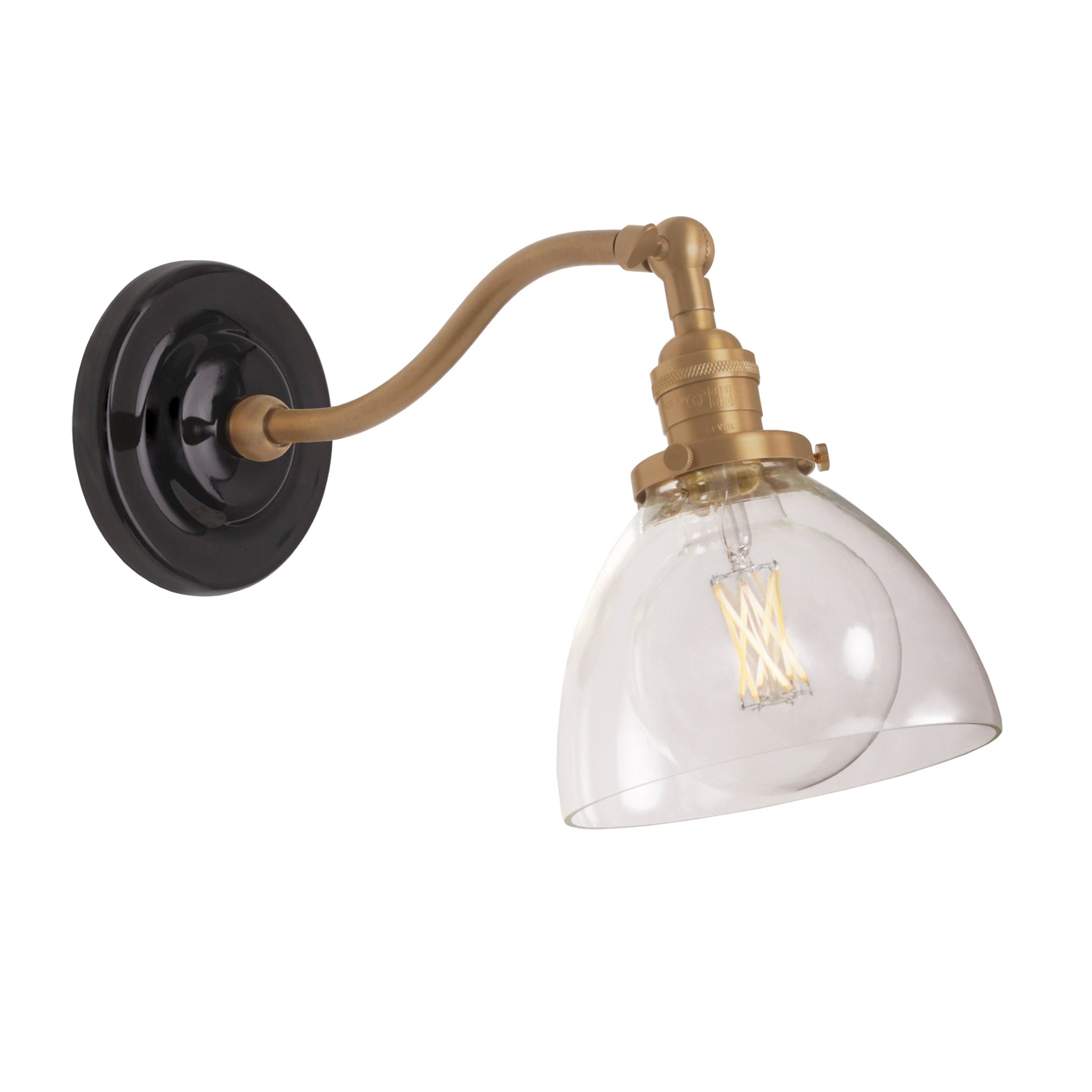 Grace Sconce shown in Heirloom Brass with a Gloss Black Ceramic canopy and Clear Glass shade