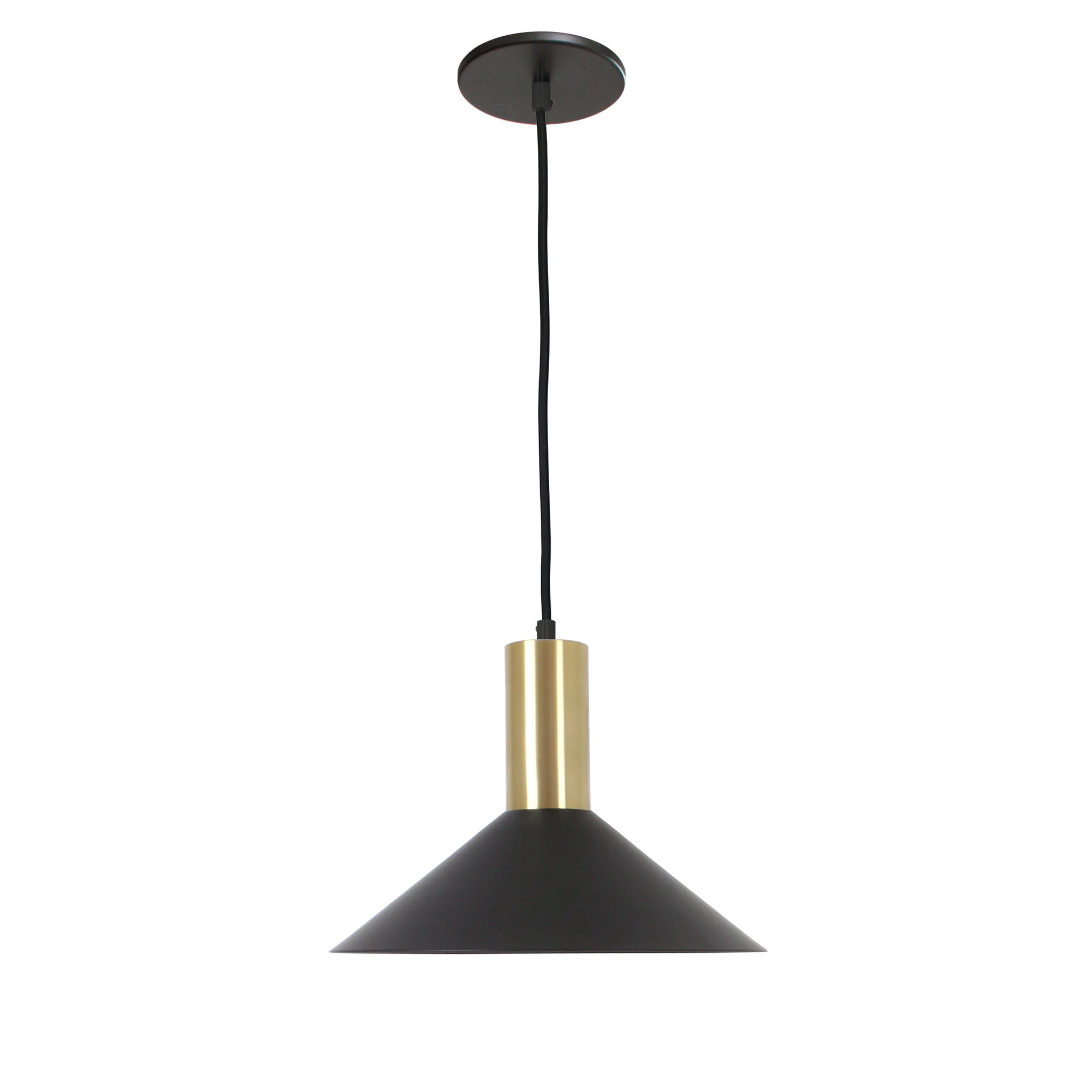 June Cord Pendant shown in Matte Black with Brass and a Black cloth cord