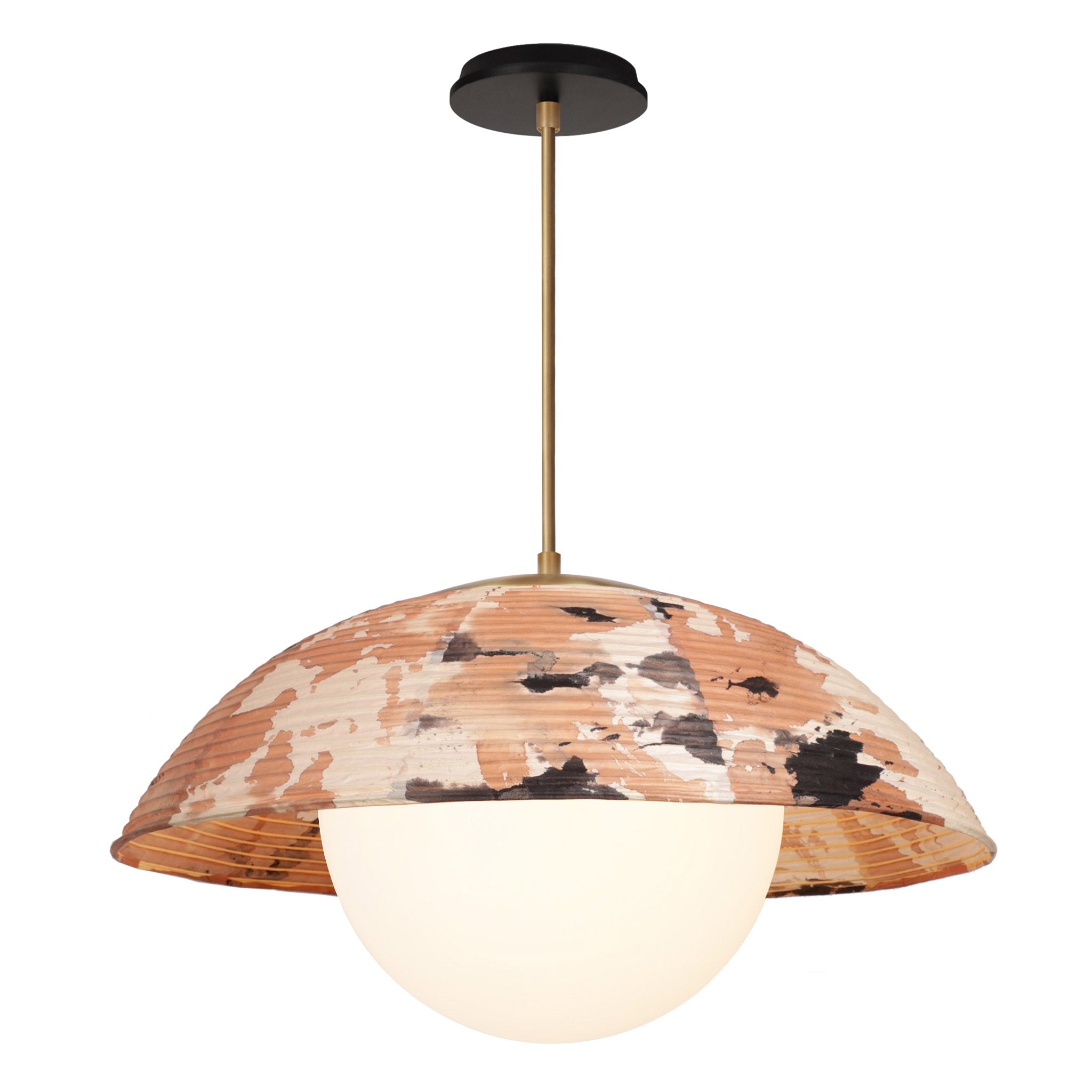 Maru Pendant with a Kakishibu Shade shown in Heirloom Brass with a Black Stained Wood canopy