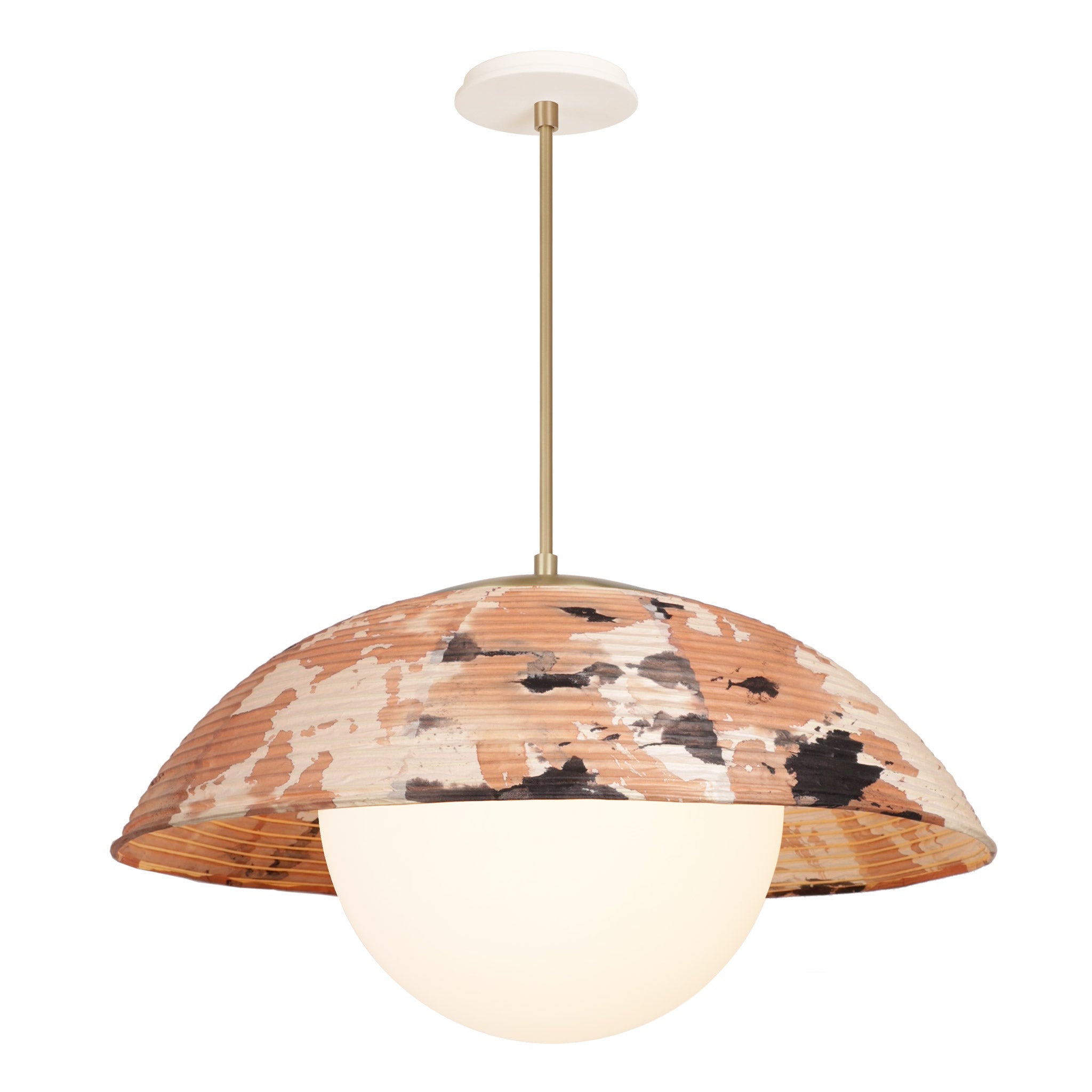Maru Pendant with a Kakishibu Shade shown in Brass with a Bone Ceramic canopy