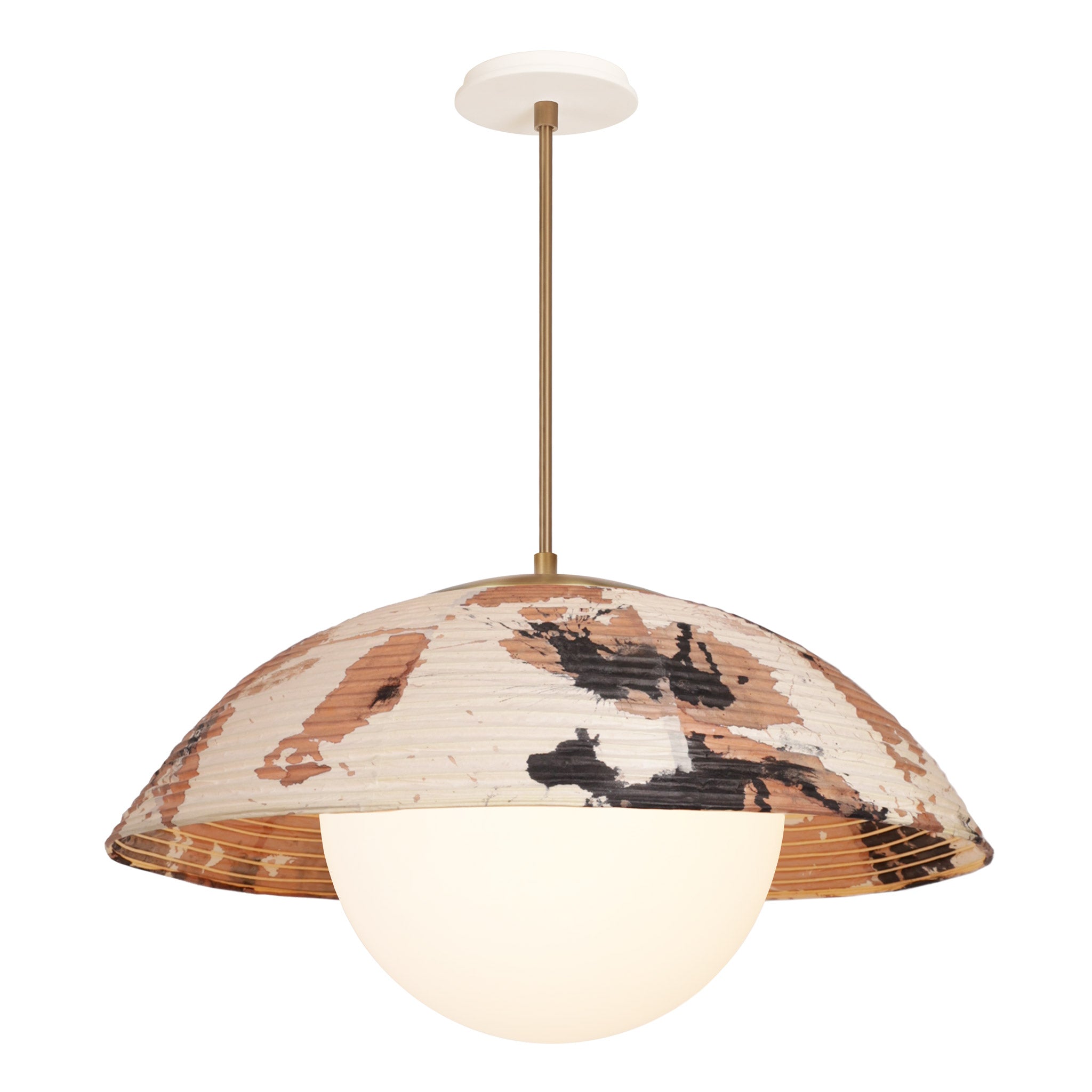 Maru Pendant with a Kakishibu Shade shown in Heirloom Brass with a Bone Ceramic canopy