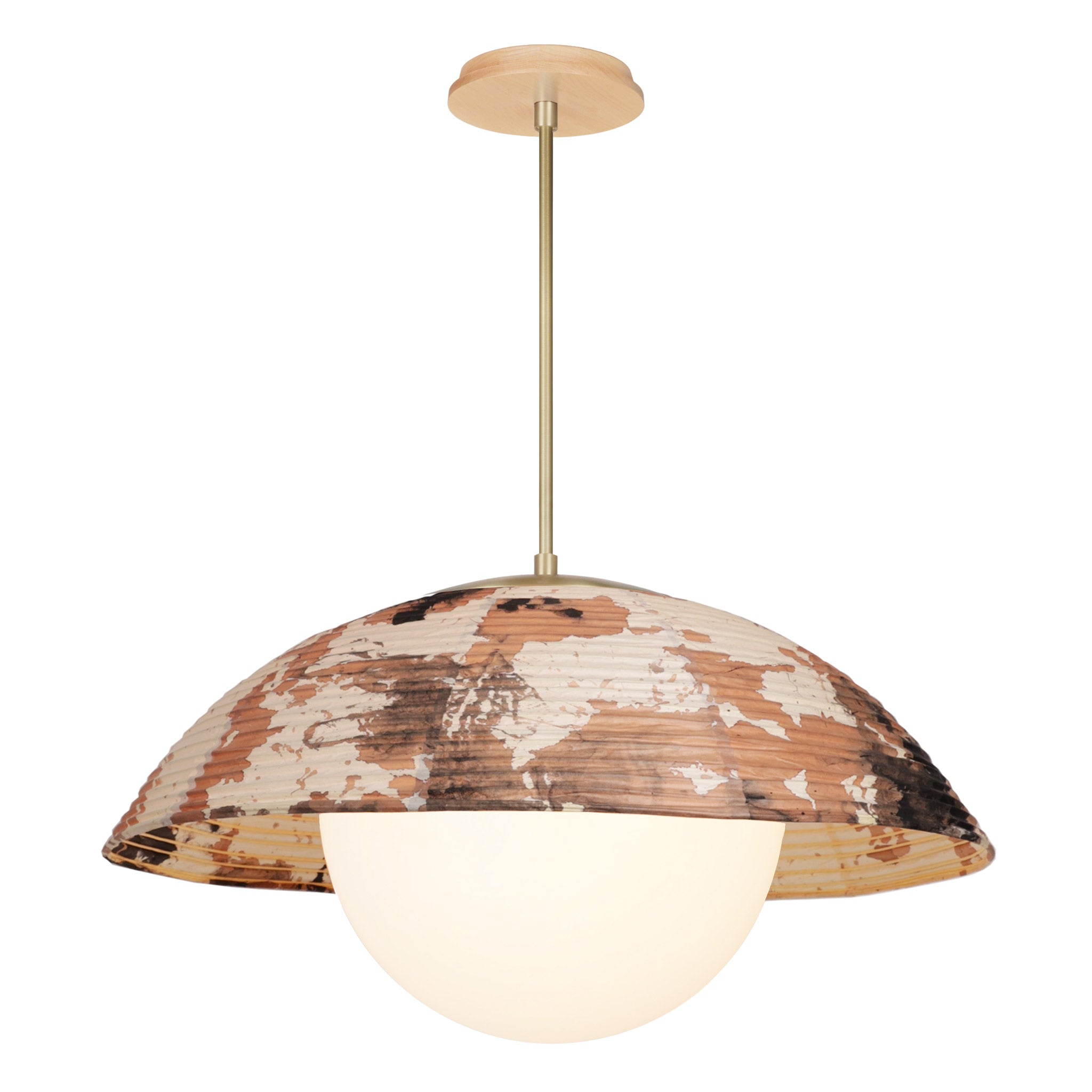 Maru Pendant with a Kakishibu Shade shown in Brass with a Maple Wood canopy