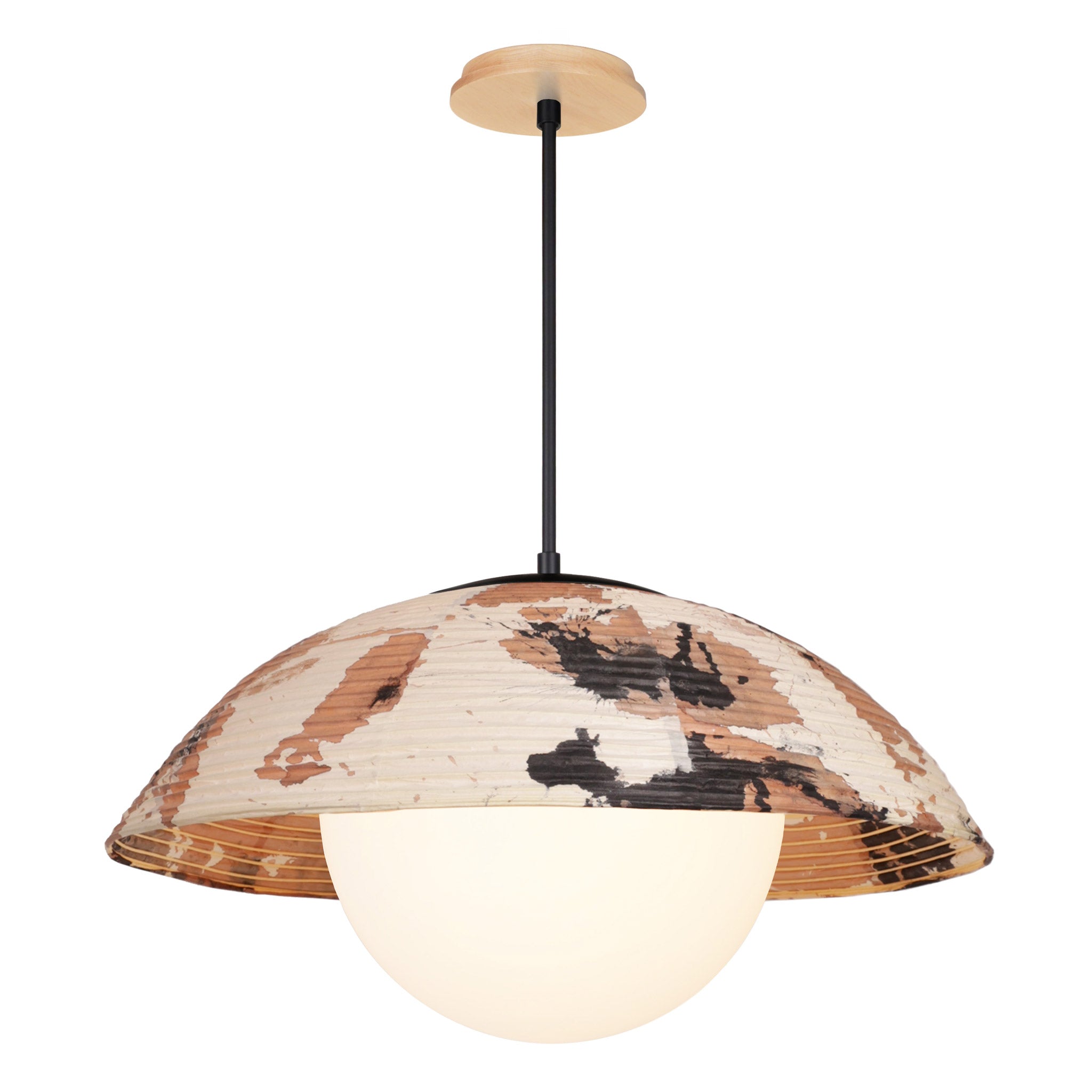 Maru Pendant with a Kakishibu Shade shown in Matte Black with Maple Wood canopy