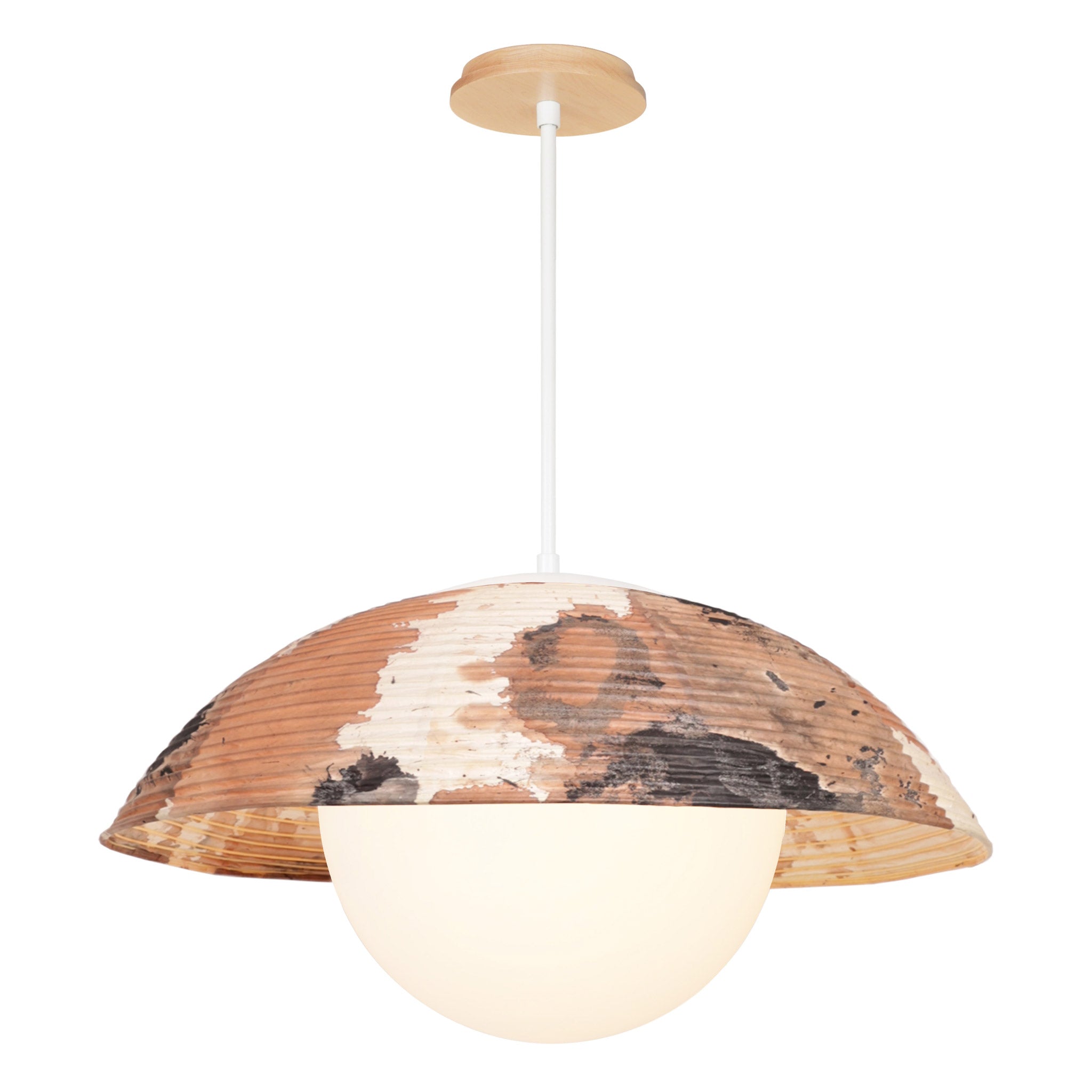 Maru Pendant with a Kakishibu Shade shown in White with a Maple Wood canopy