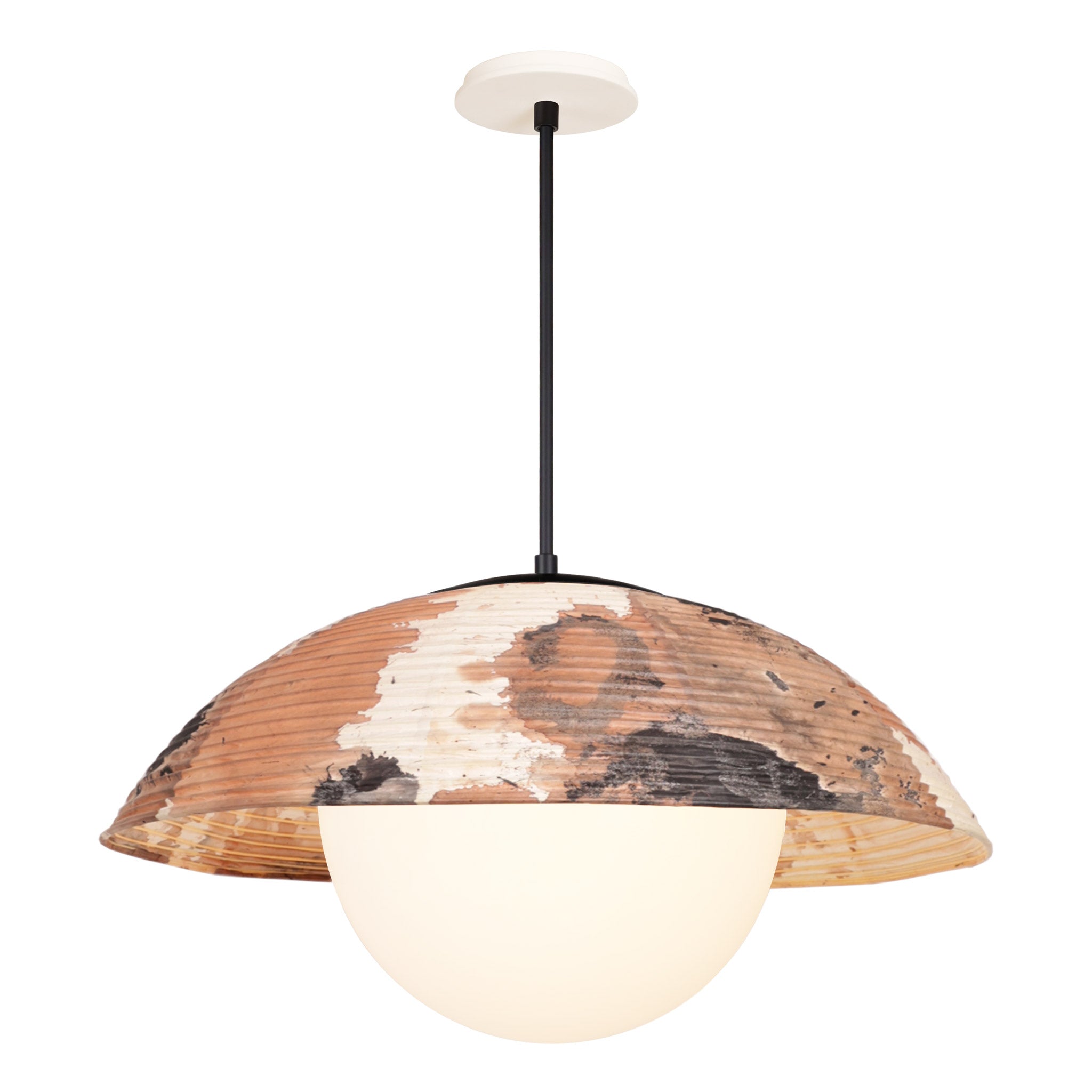 Maru Pendant with a Kakishibu Shade shown in Matte Black with a Bone Ceramic canopy
