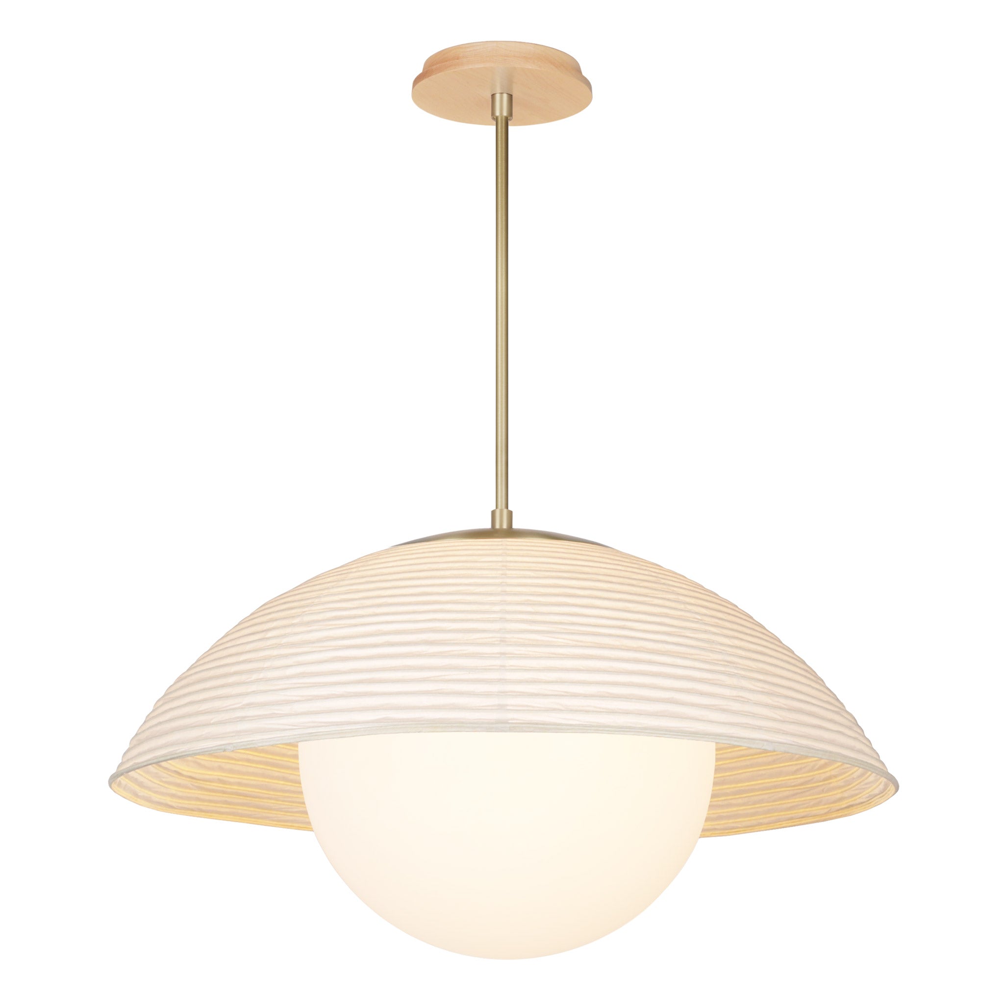 Maru Pendant with a Natural shade shown in Brass with a Maple Wood canopy