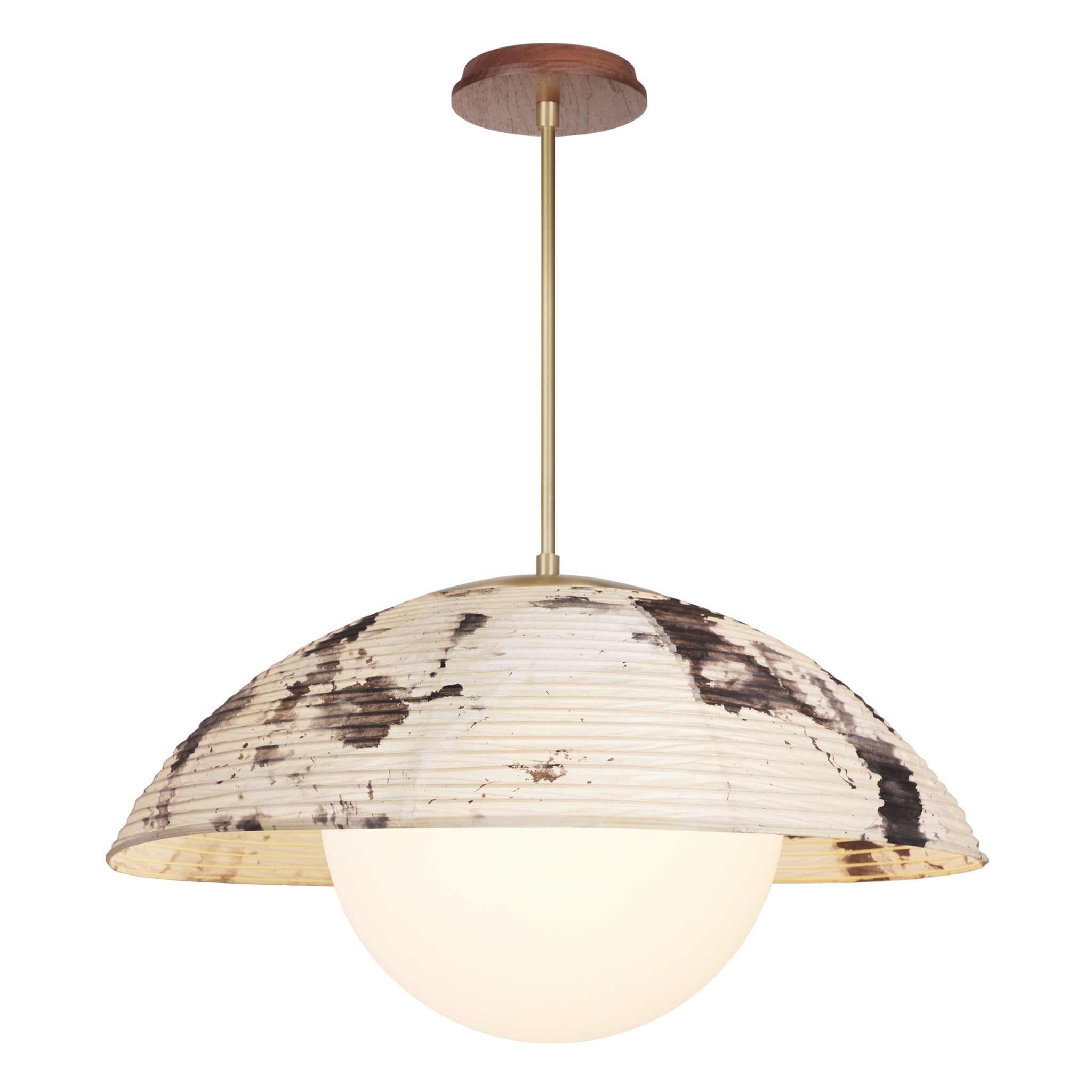 Maru Pendant with a Sumi Shade shown in Brass with a Walnut Wood canopy