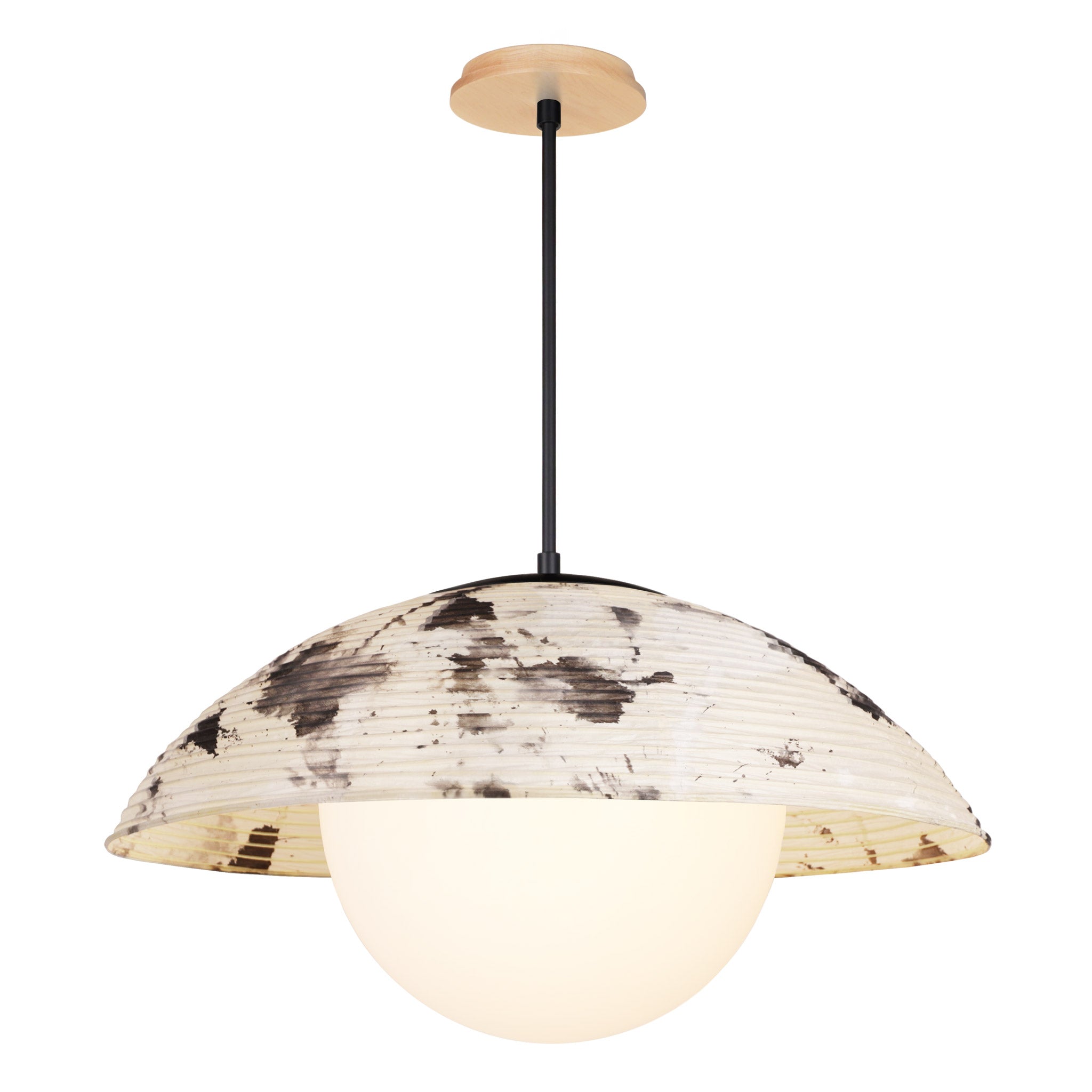 Maru Pendant with a Sumi Shade shown in Matte Black with a Maple Wood canopy