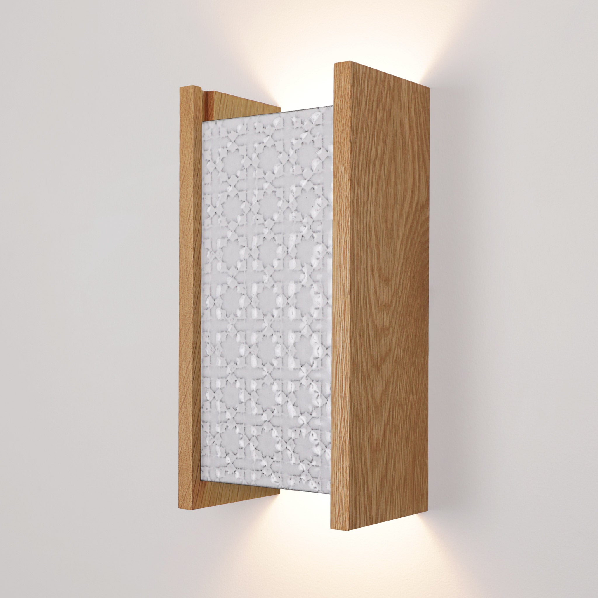 McKenzie Sconce shown in Oak with a Brownstone White Ceramic Finish