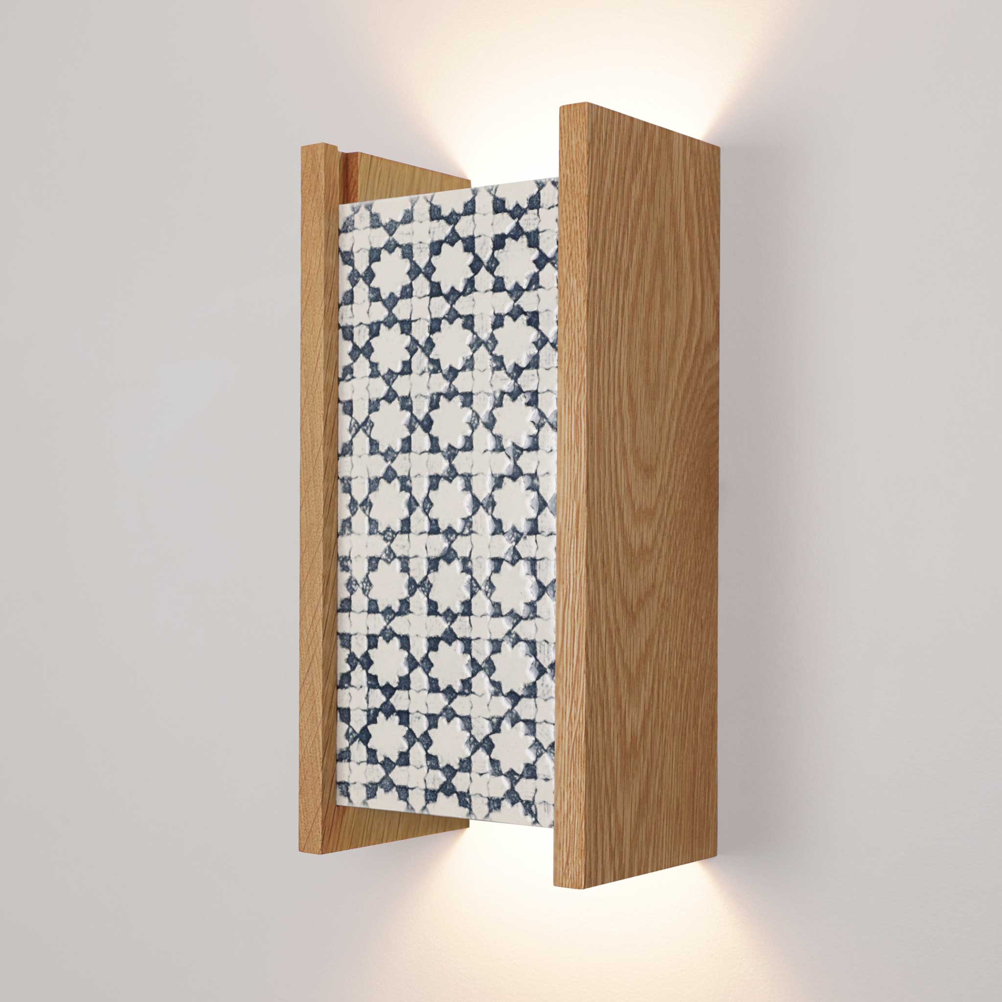 McKenzie Sconce shown in Oak with an Indigo Blue Ceramic Finish