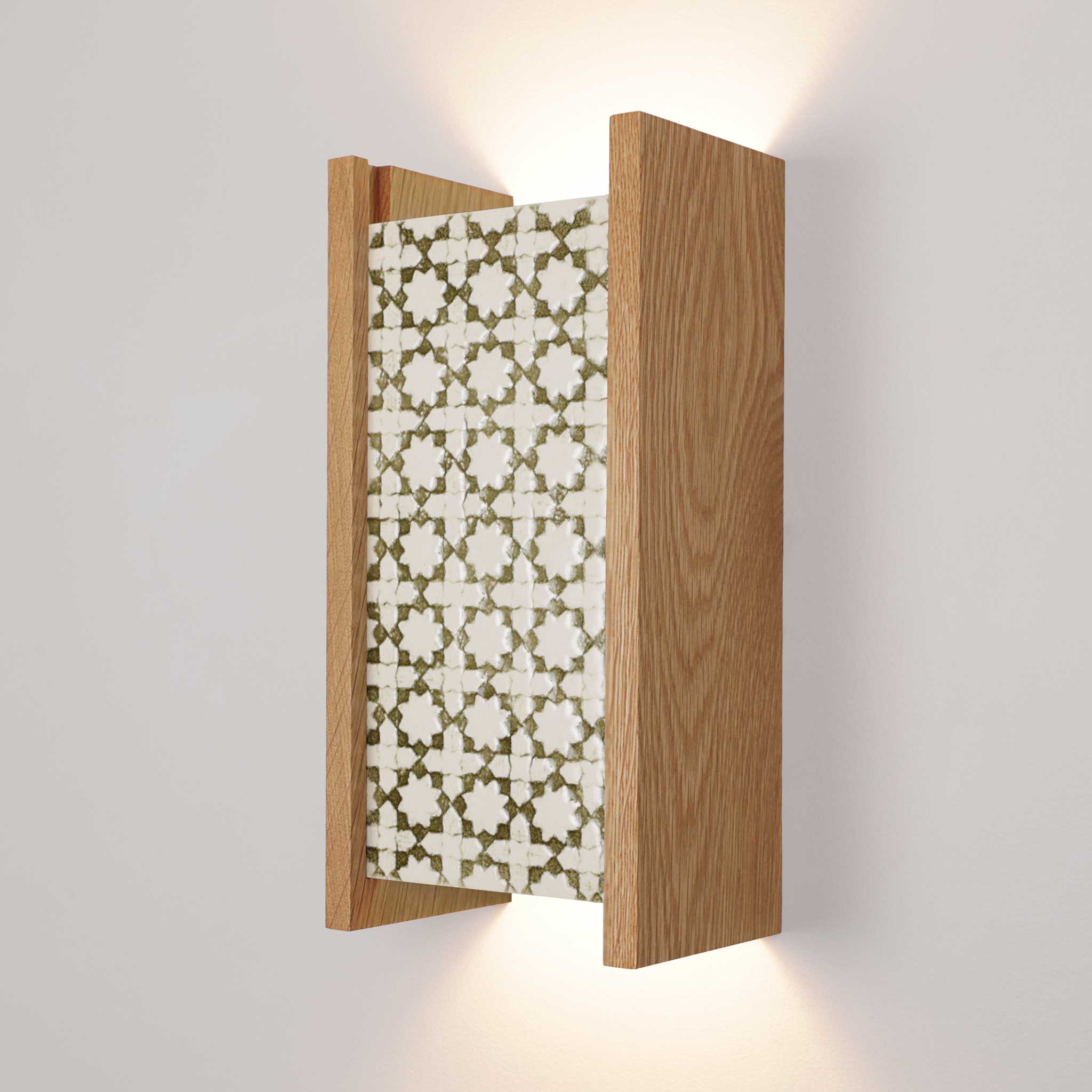 McKenzie Sconce shown in Oak with a Thyme Ceramic Finish