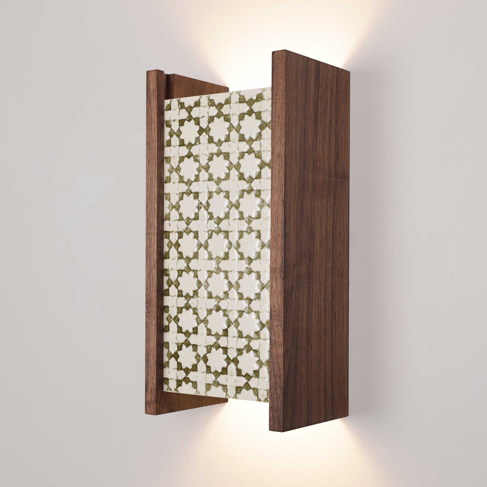 McKenzie Sconce shown in Walnut with a Thyme Ceramic Finish
