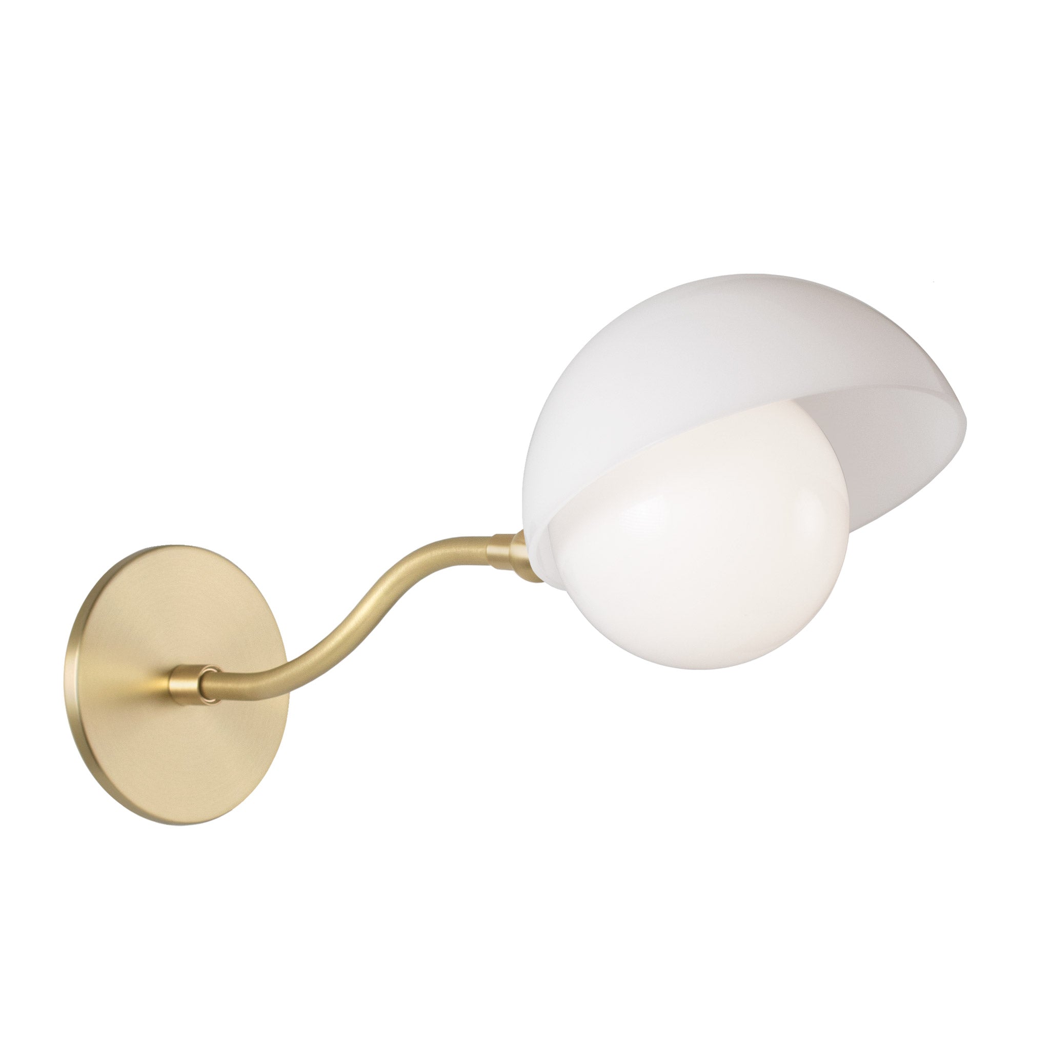 Noor Curve Sconce shown with a White Opal Acrylic Shade and Brass Arm and Canopy