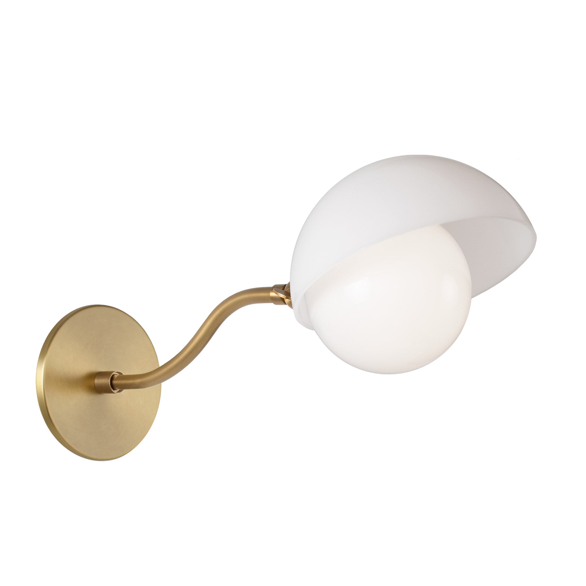 Noor Curve Sconce shown with a White Opal Acrylic Shade and Heirloom Brass Arm and Canopy