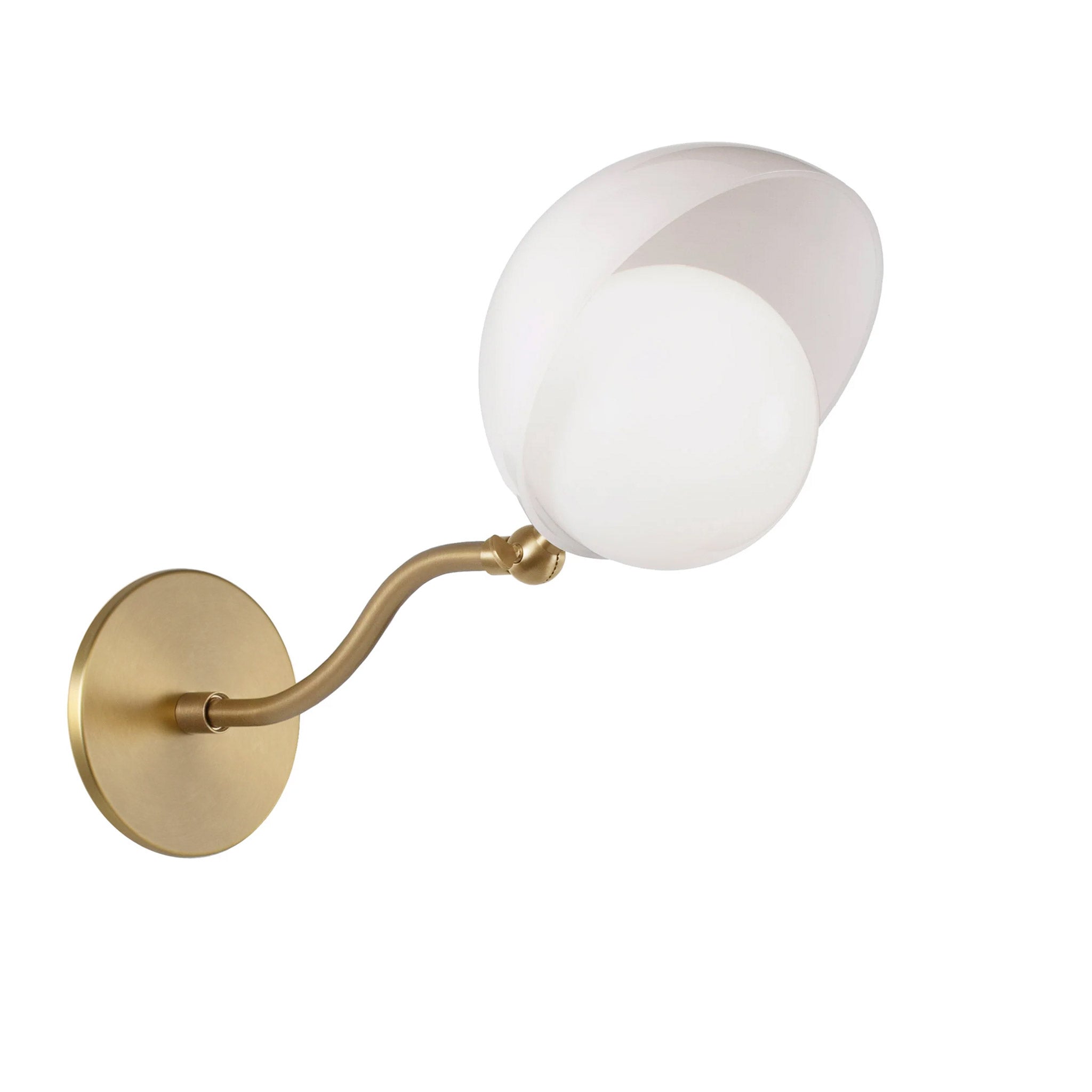 Noor Curve Sconce shown with a White Opal Acrylic Shade and Heirloom Brass Arm and Canopy