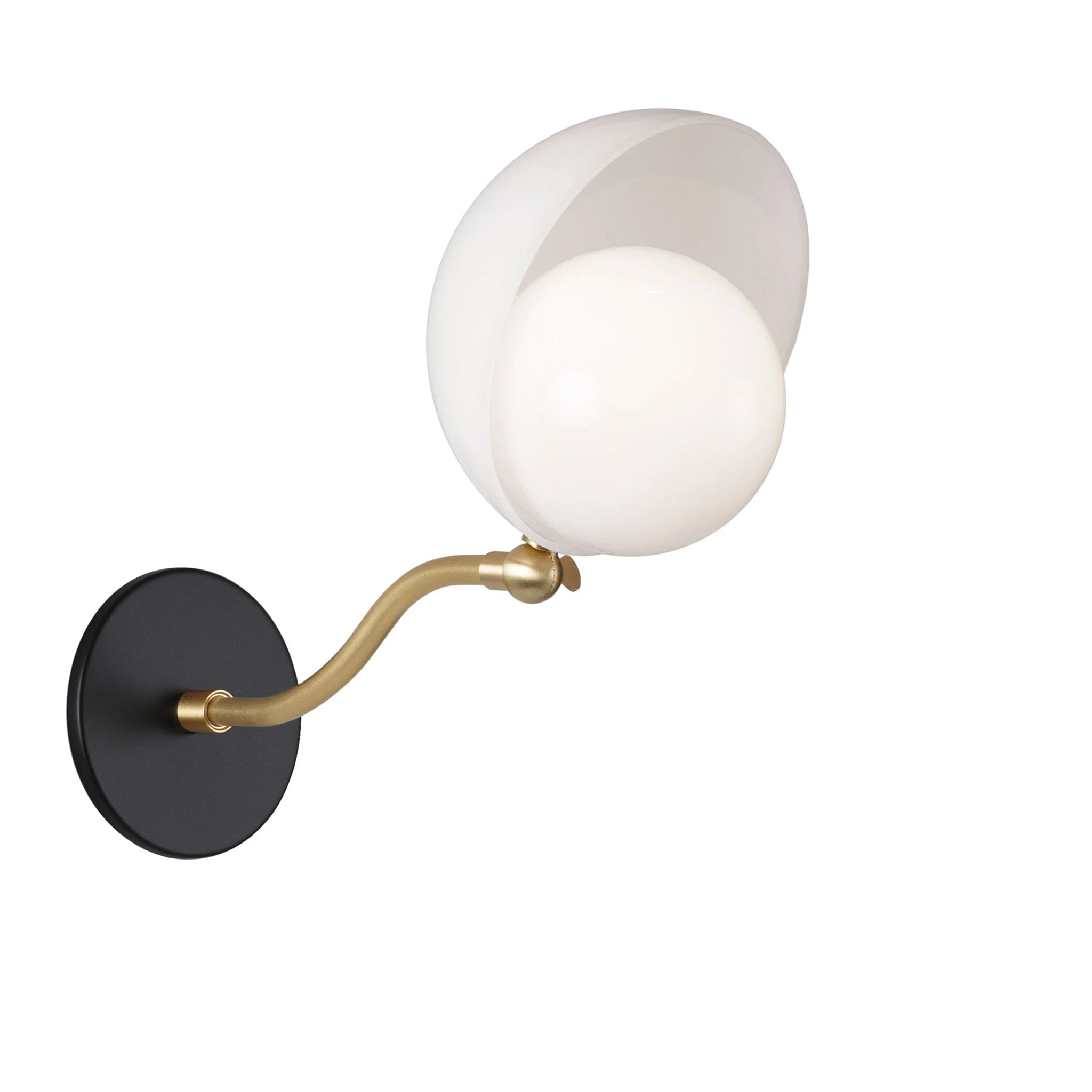 Noor Curve Sconce shown with a White Opal Acrylic Shade, Brass Arm and Matte Black Canopy