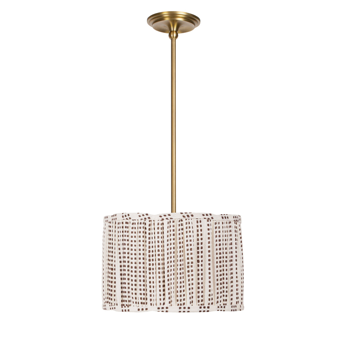 Oxford Pendant shown in Heirloom Brass with an Aspen Coco Scallop 14" Shade