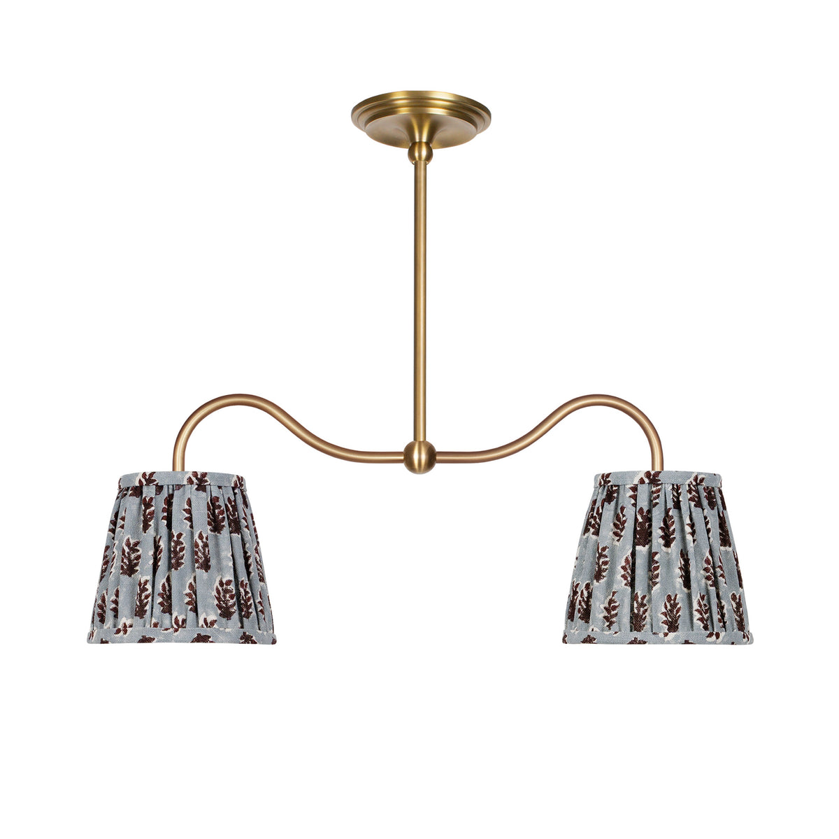Oxford Petite Double Pendant shown in Heirloom Brass with Trulli Auburn Shades