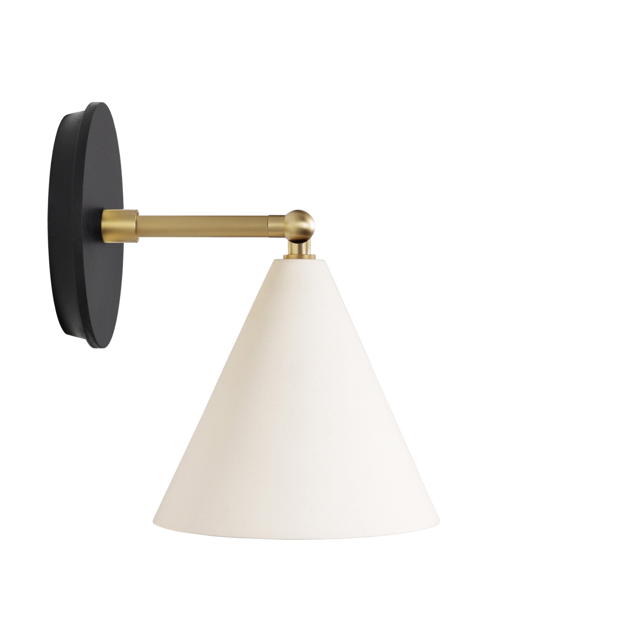 Petra Ceramic Sconce shown in Brass with a 3" rod and Black Stained Wood canopy