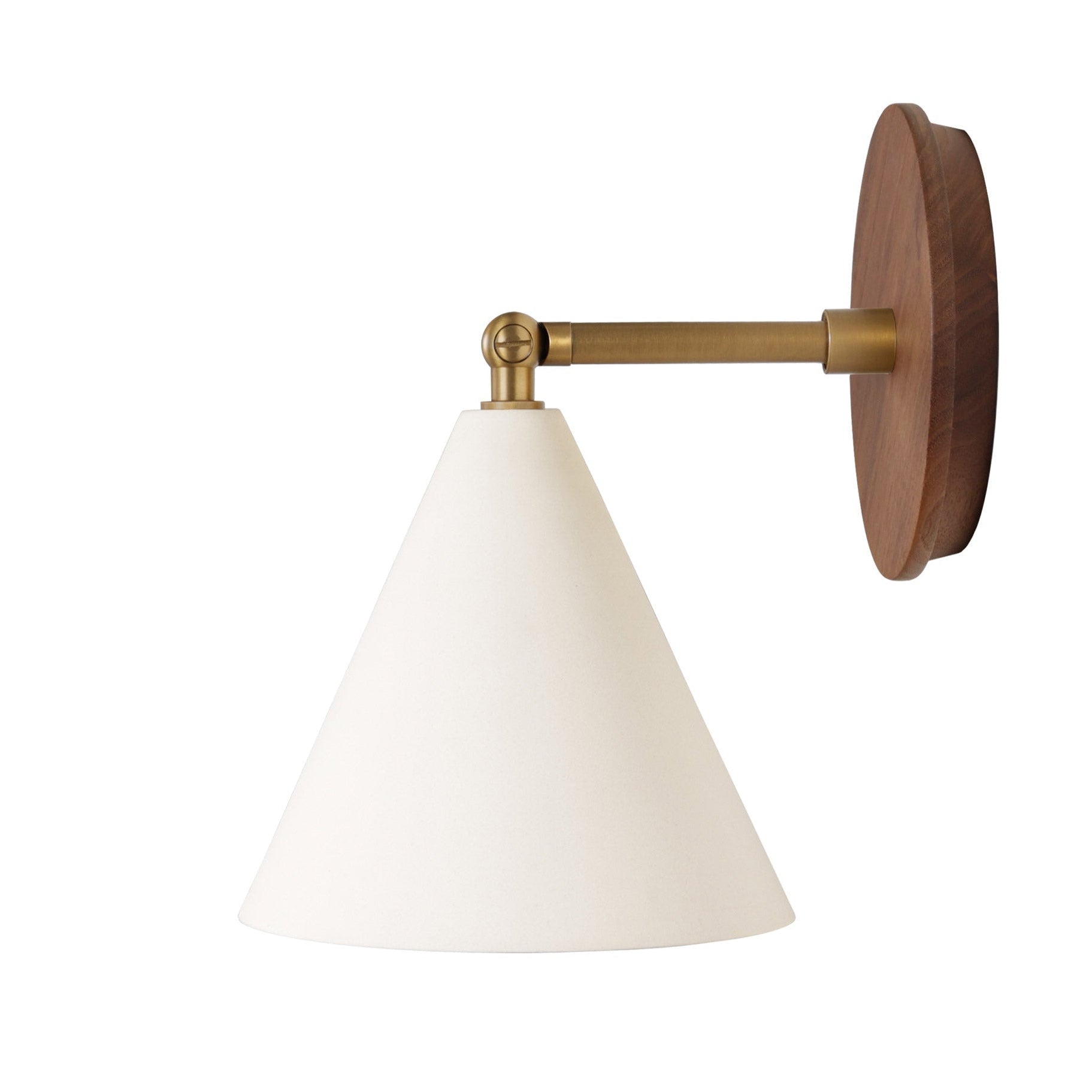 Petra Ceramic Sconce shown in Heirloom Brass with a 3" rod and Walnut Wood canopy