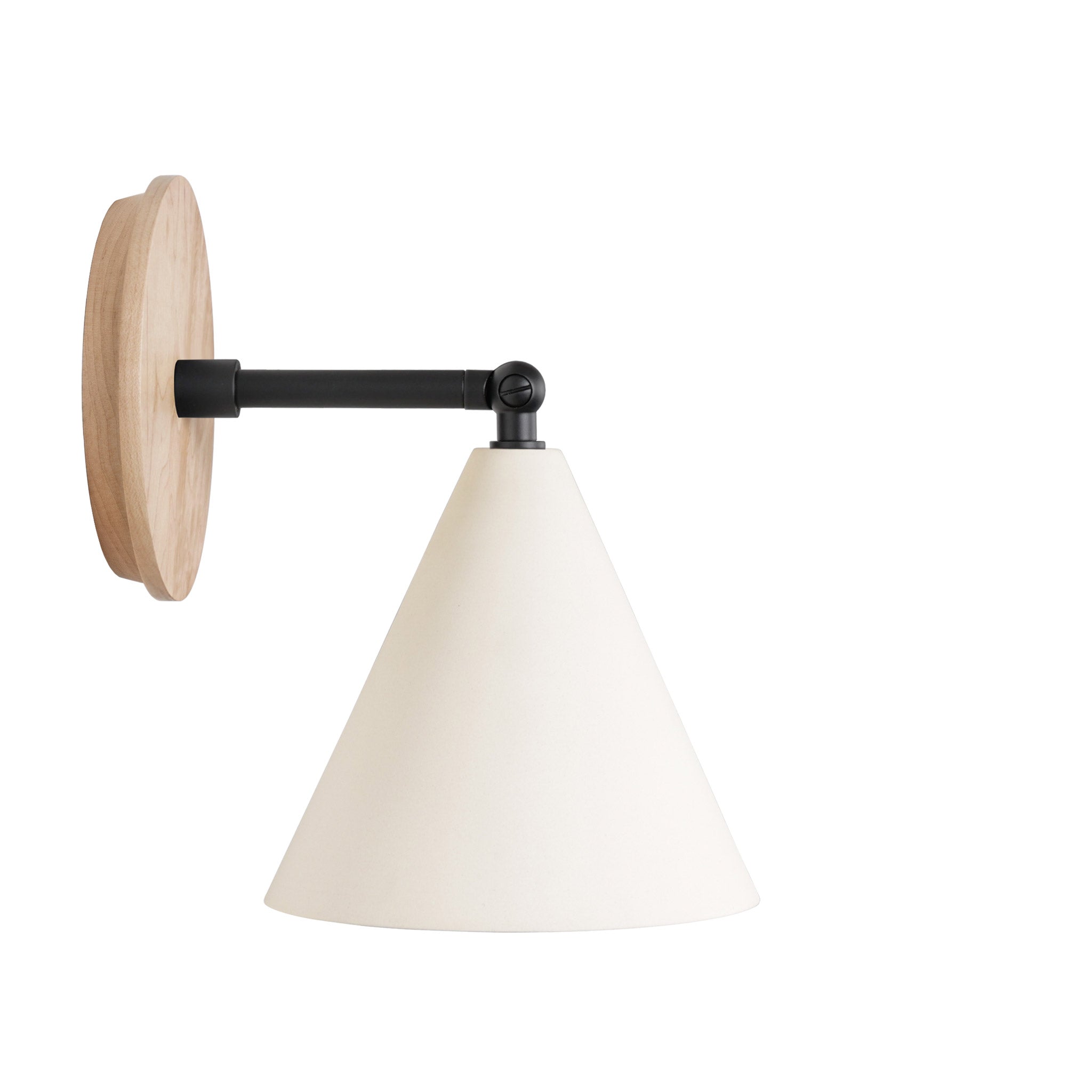 Petra Ceramic Sconce shown in Matte Black with a 3" rod and Maple Wood canopy