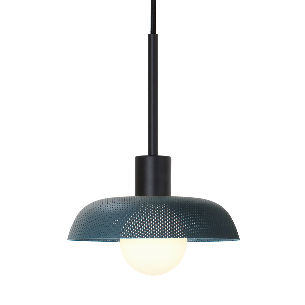 Sally Cord Pendant shown with an Ocean Blue perforated shade with Matte Black fixture finish.
